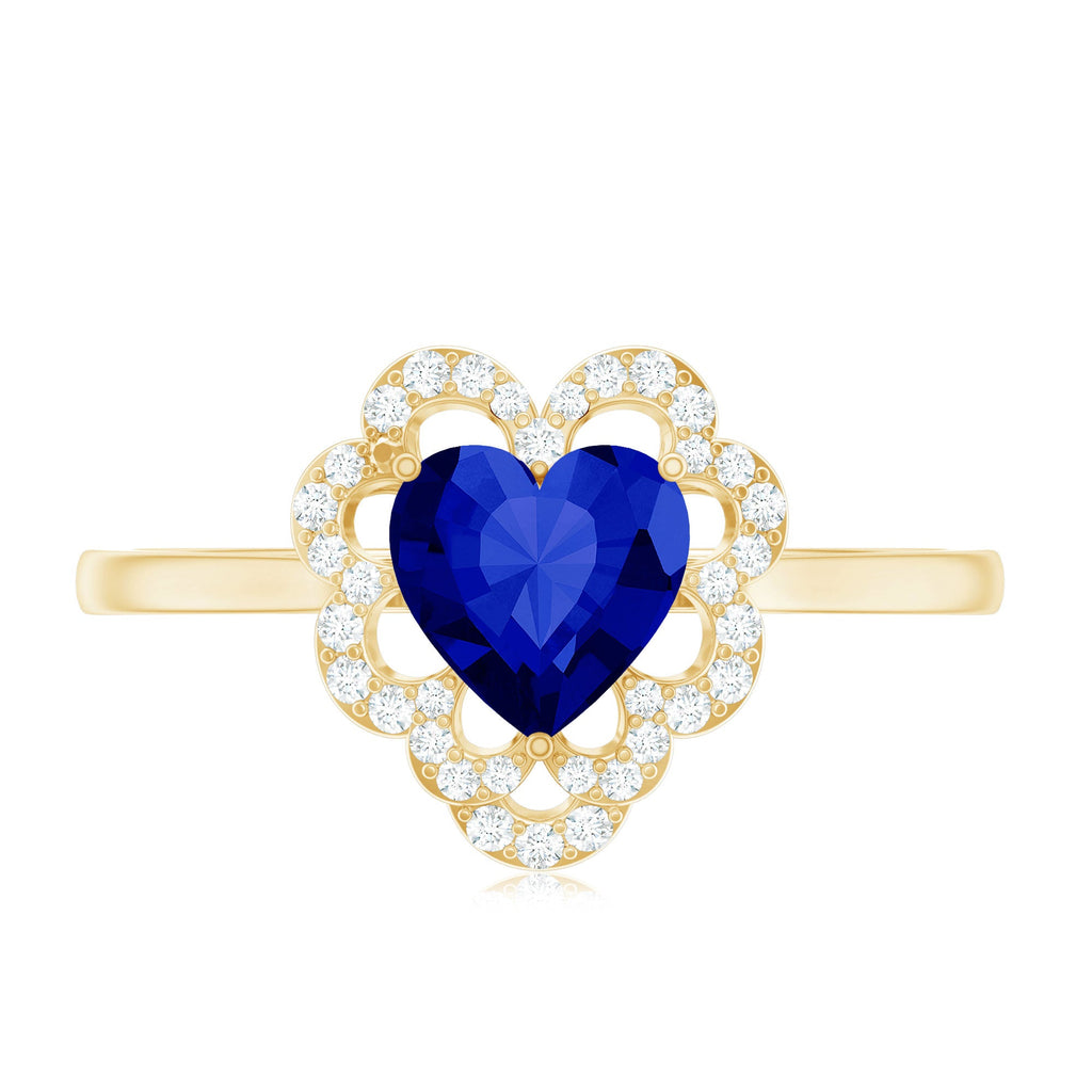 1 Carat Heart Lab Grown Blue Sapphire Designer Engagement Ring with Diamond