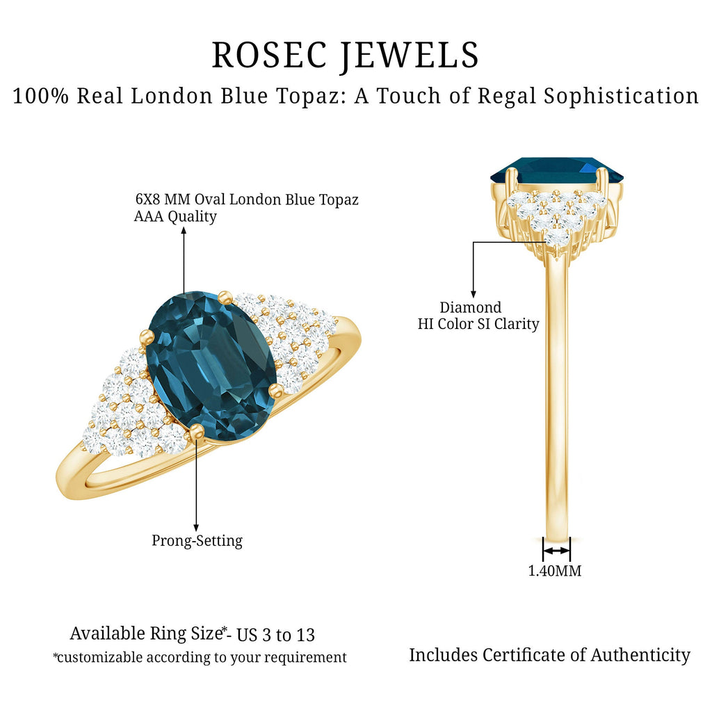 6X8mm Oval Cut London Blue Topaz Classic Engagement Ring with Diamond