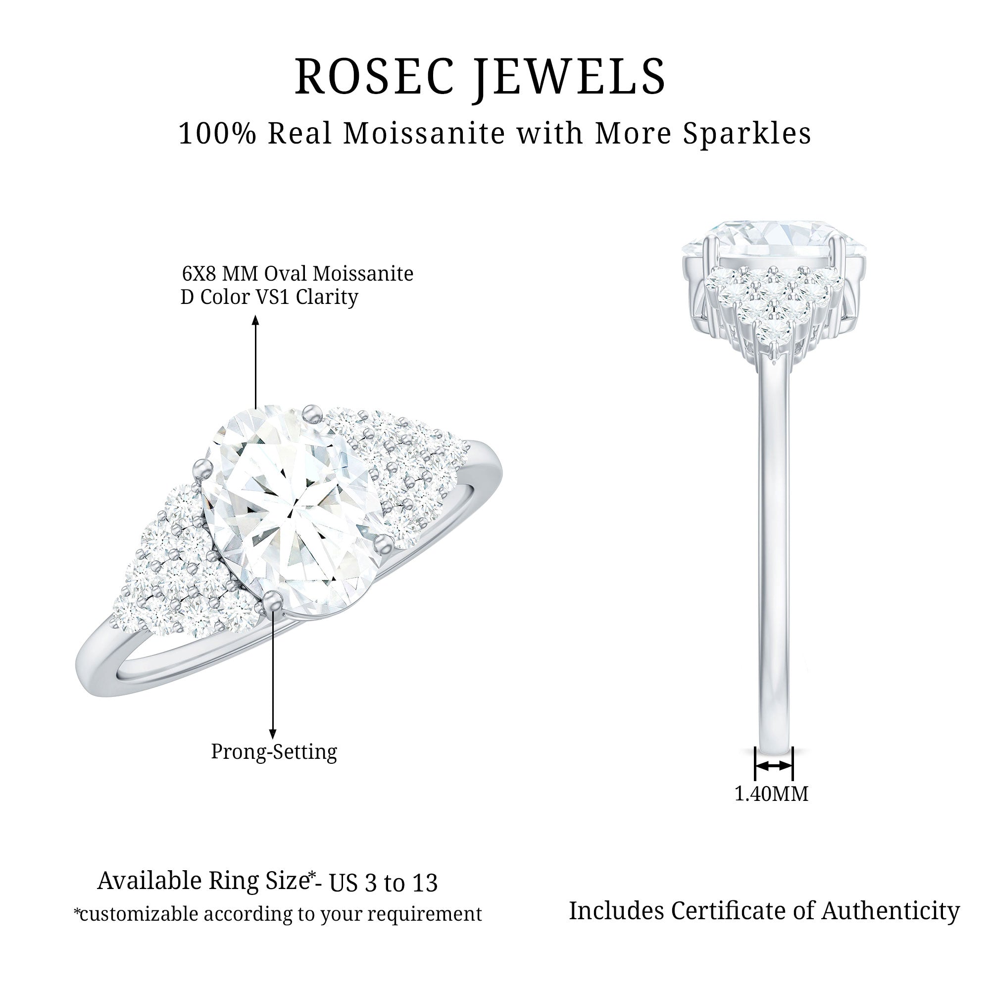 6X8 MM Oval Moissanite Engagement Ring with Cluster Side Stones