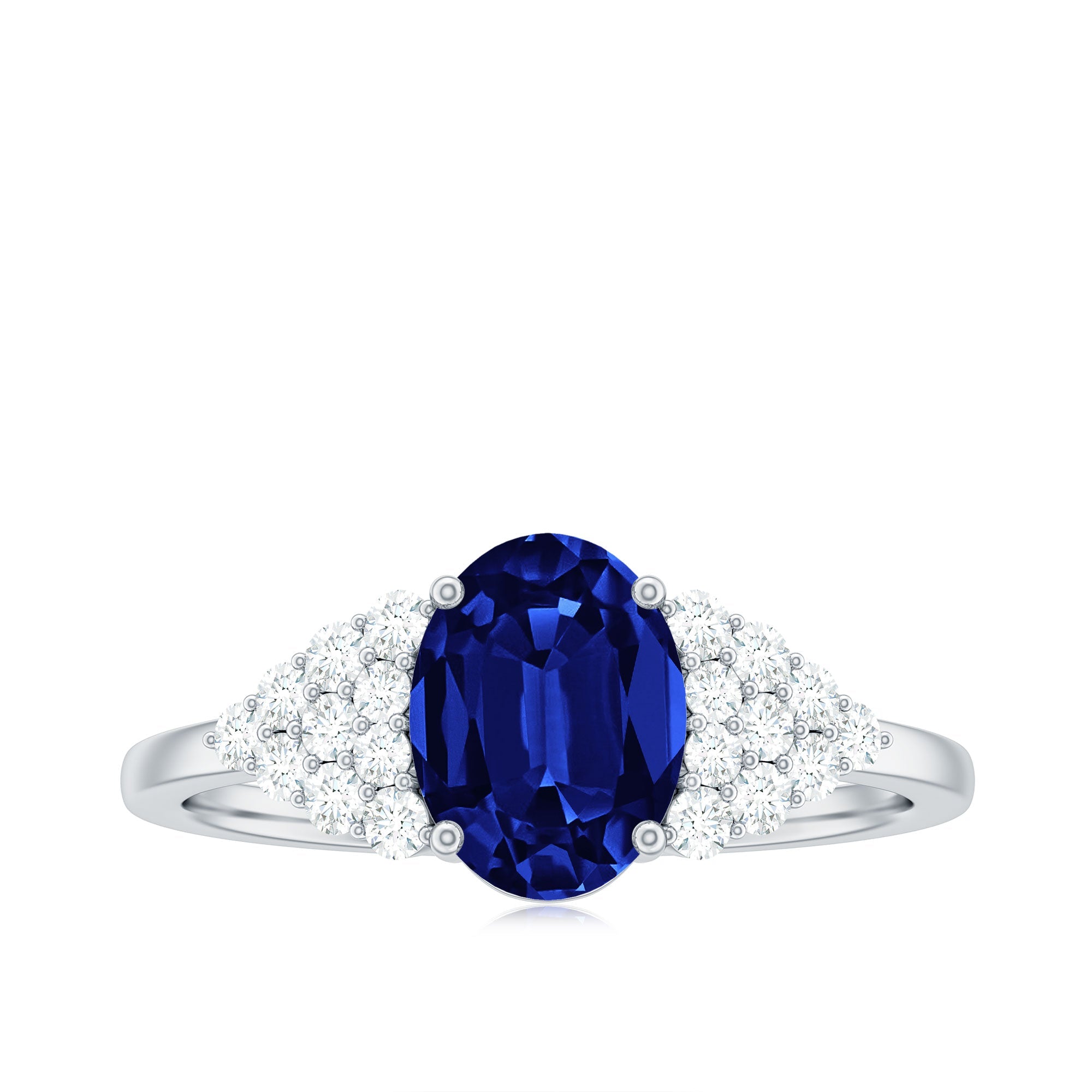 Certified 1.5 Carat Lab Grown Blue Sapphire Oval Engagement Ring with Diamond Side Stones