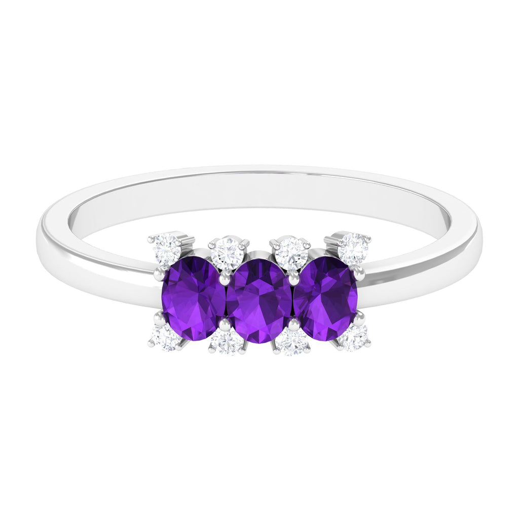 Natural Oval Amethyst 3 Stone Promise Ring with Diamond