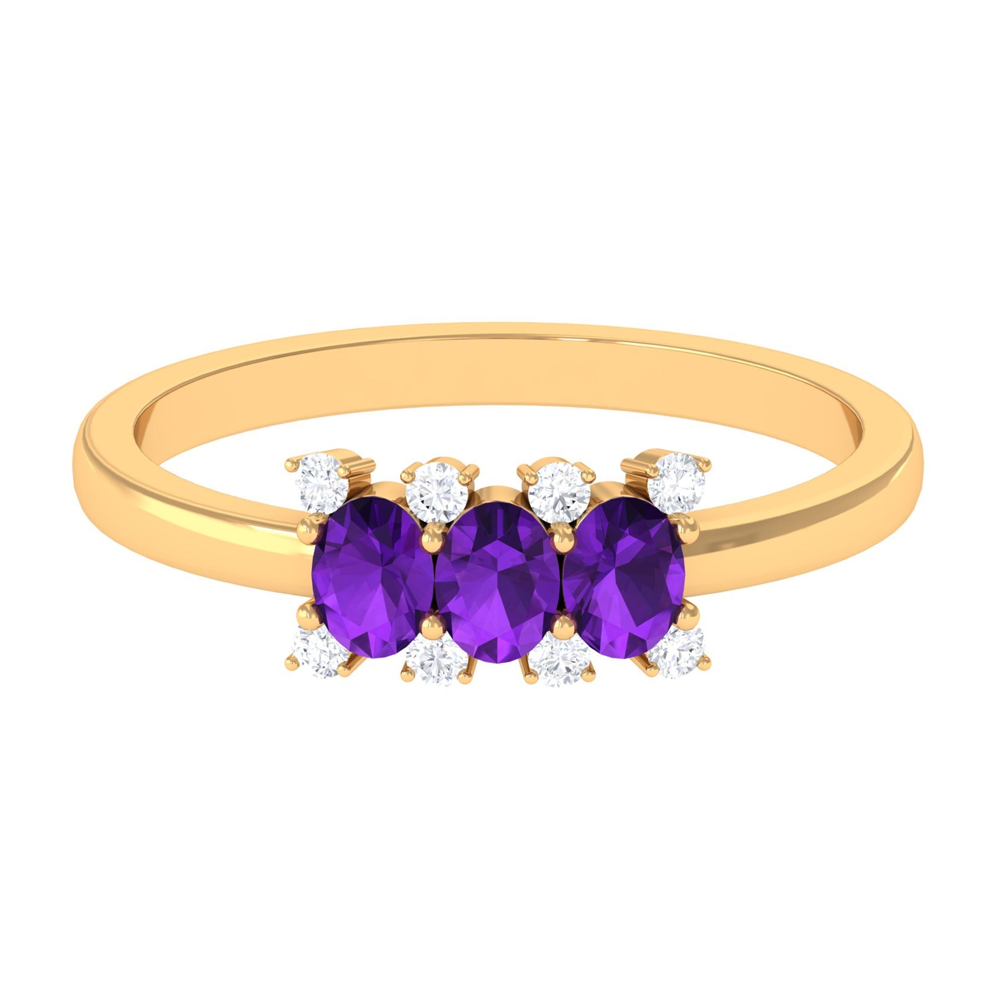 Natural Oval Amethyst 3 Stone Promise Ring with Diamond
