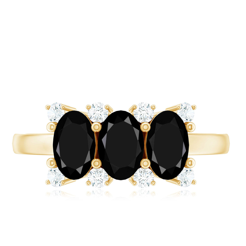 Natural Oval Black Spinel 3 Stone Engagement Ring with Diamond