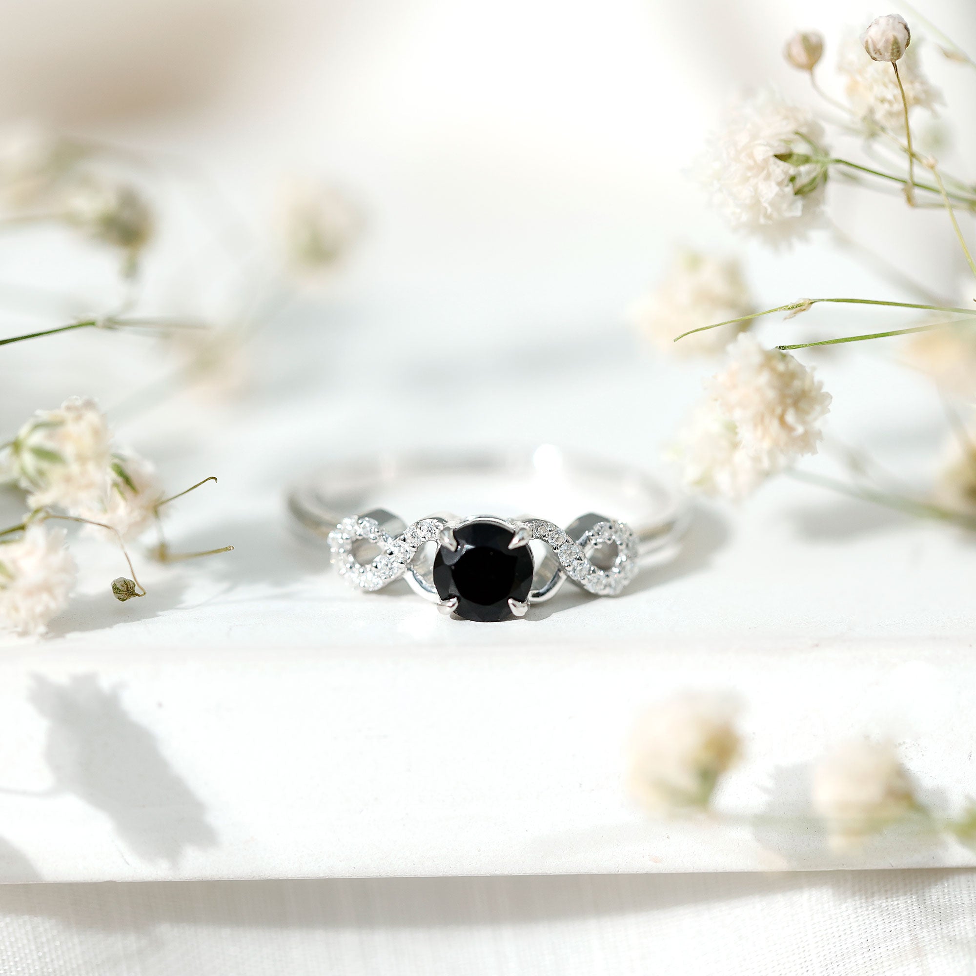 1/2 CT Black Onyx and Diamond Criss Cross Engagement Ring