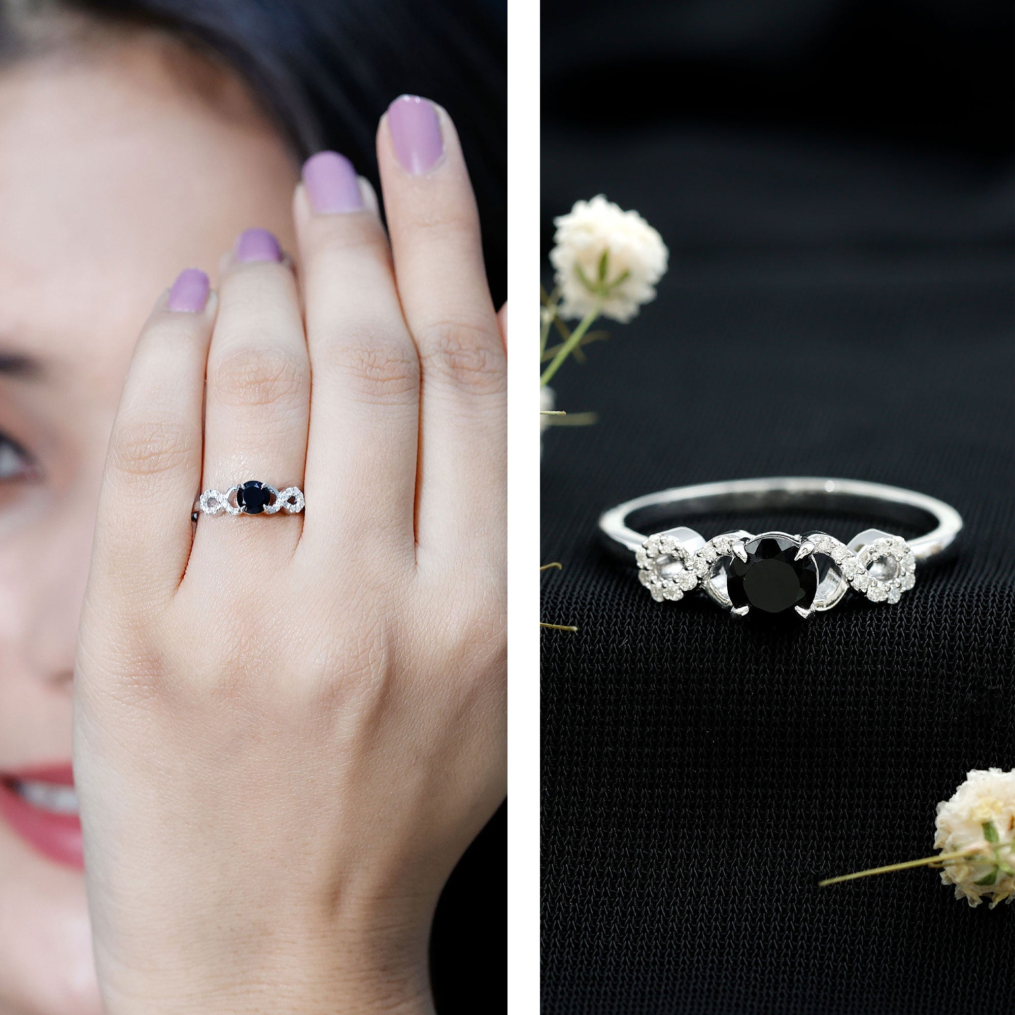 1/2 CT Black Onyx and Diamond Criss Cross Engagement Ring