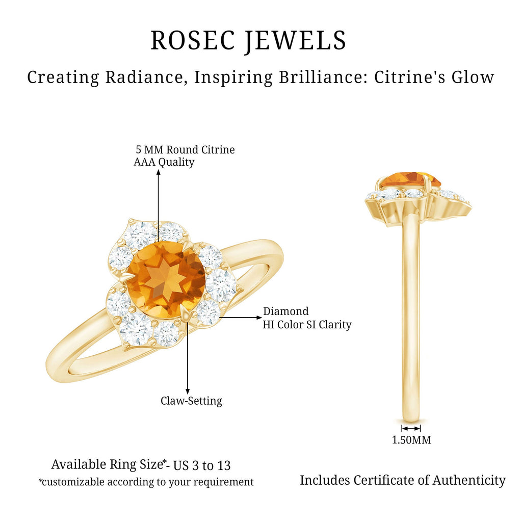 Certified Natural Citrine Designer Flower Engagement Ring with Diamond