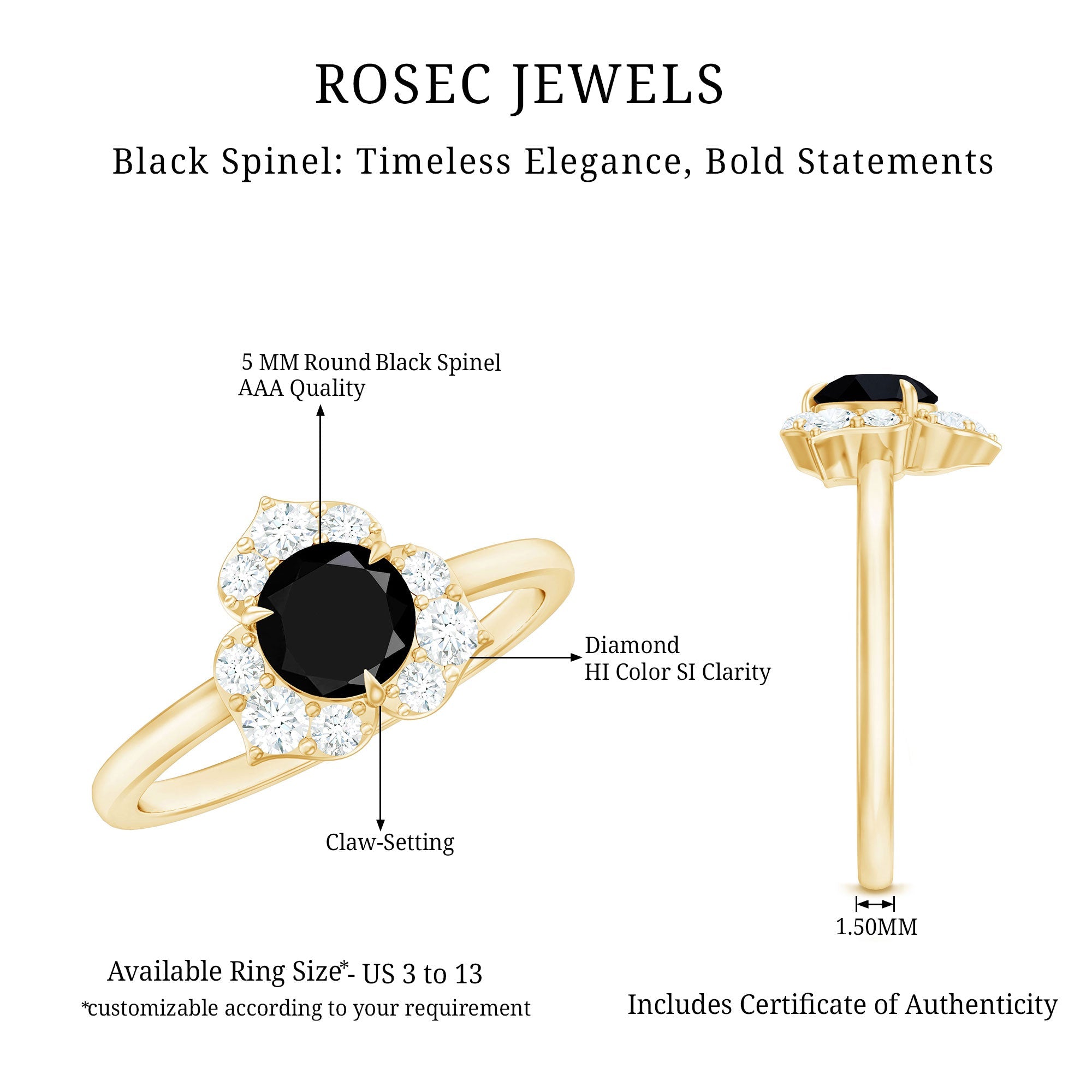 Natural Black Spinel Flower Engagement Ring with Diamond