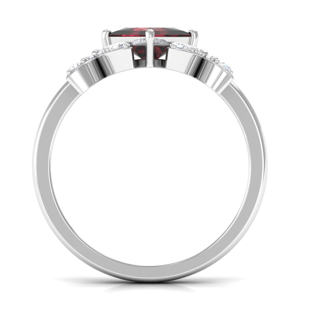 Natural 6mm Garnet Princess Cut Engagement Ring with Diamond Flower