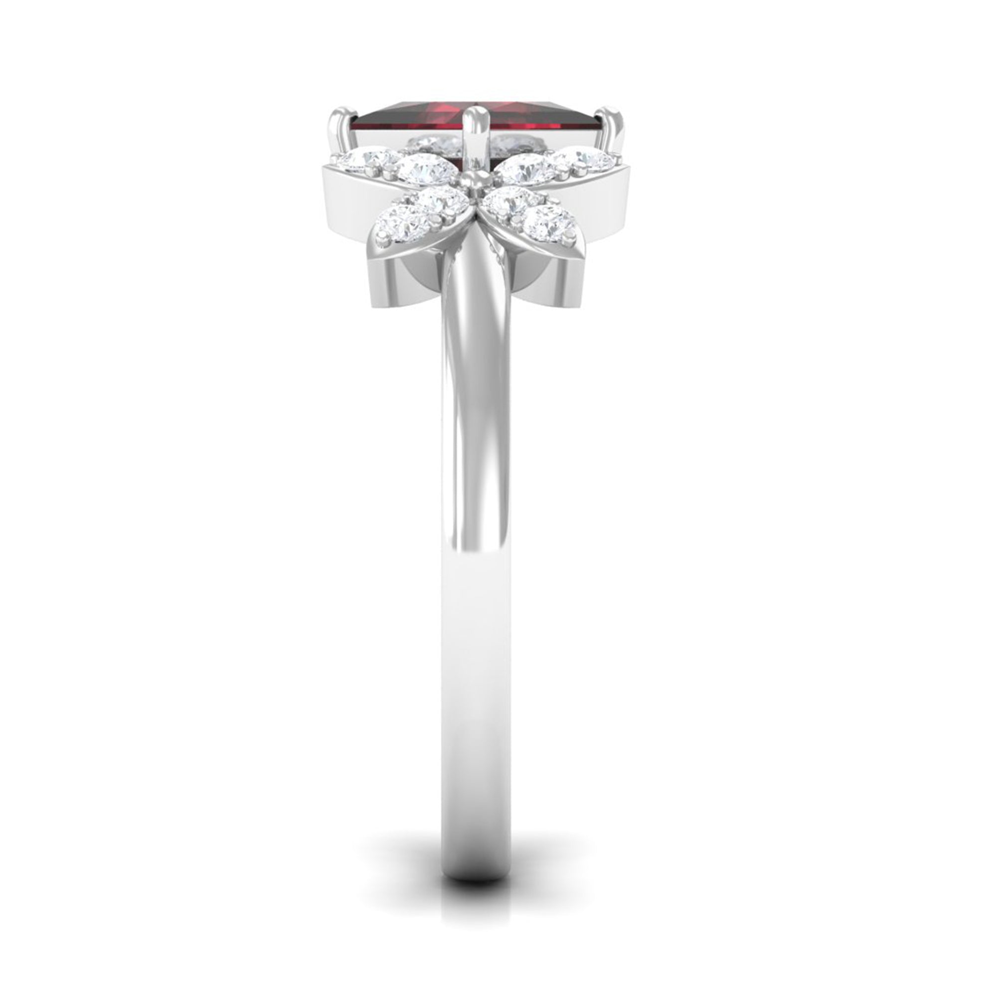 Natural 6mm Garnet Princess Cut Engagement Ring with Diamond Flower