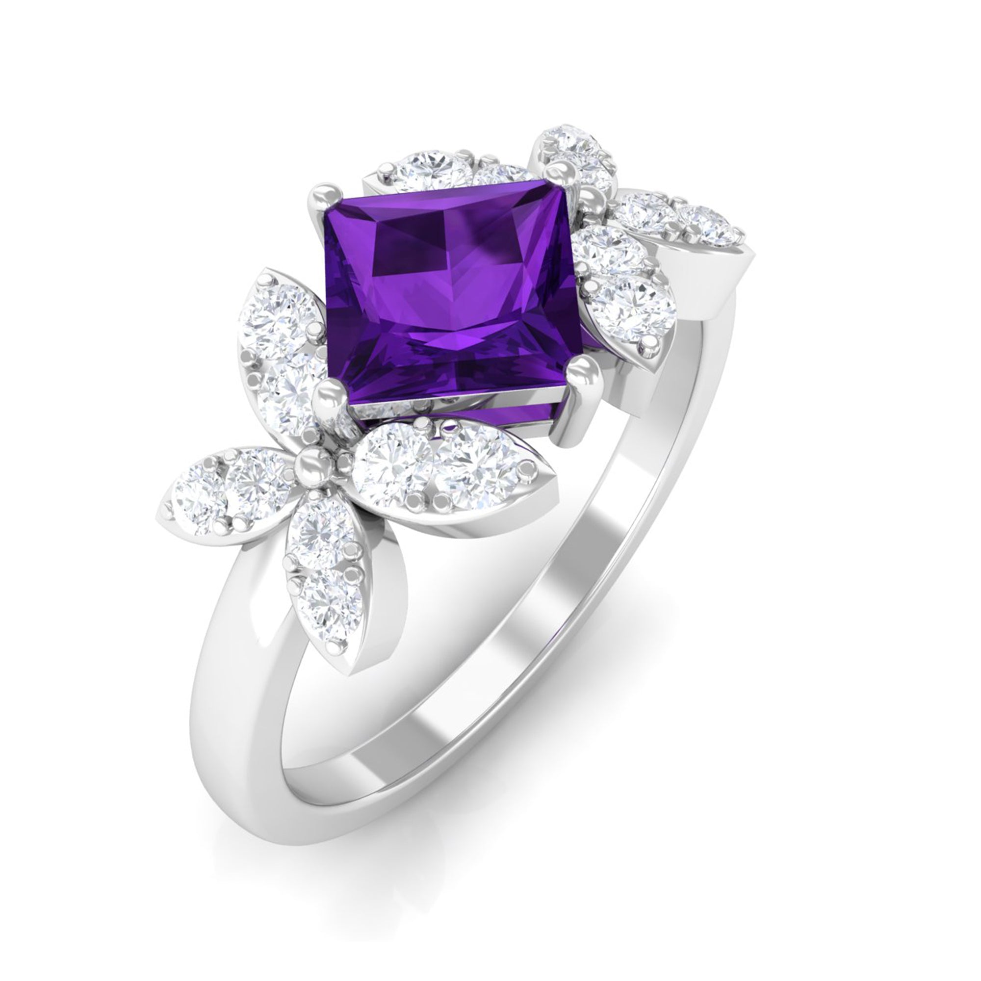 Princess Cut Amethyst Floral Engagement Ring with Diamond