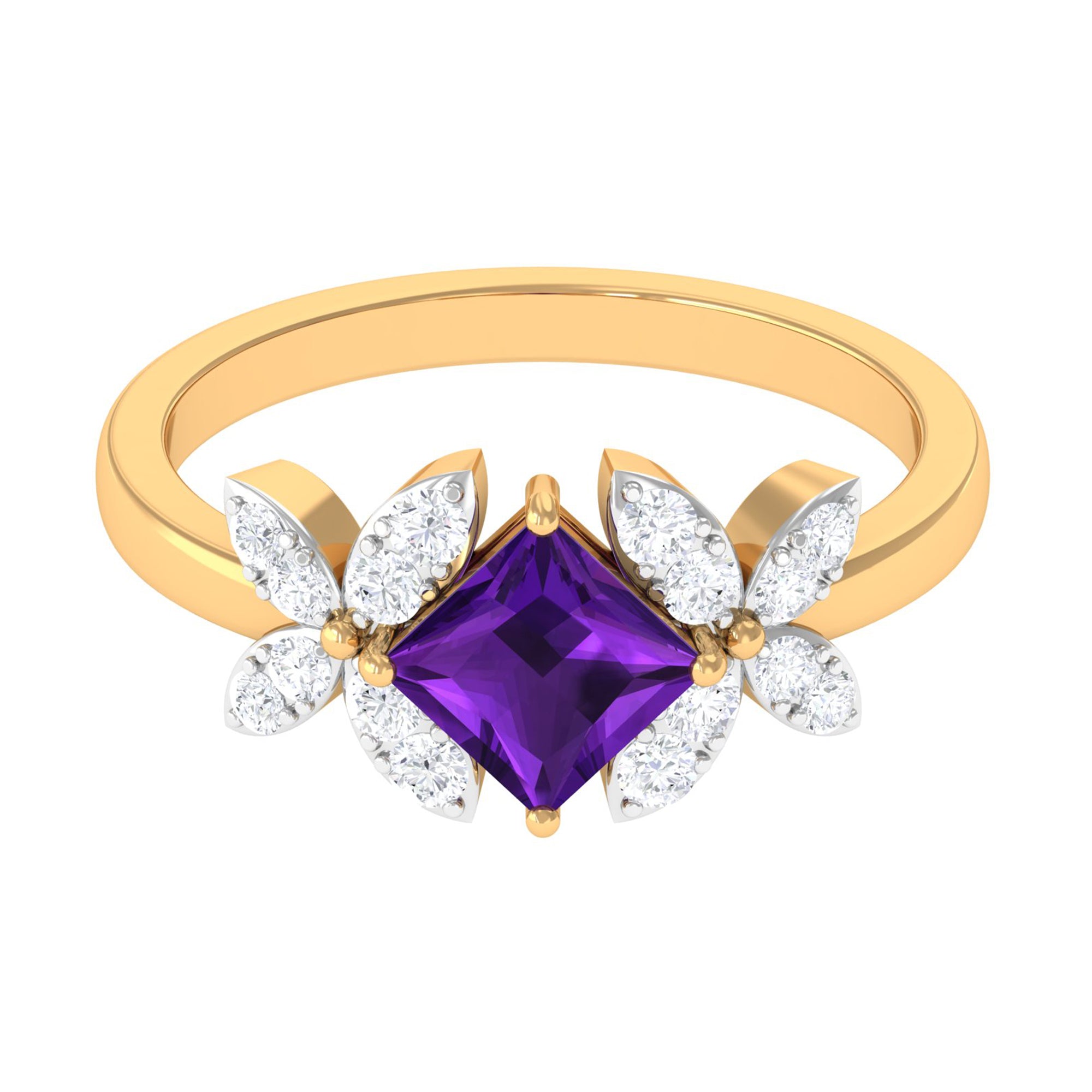 Princess Cut Amethyst Floral Engagement Ring with Diamond