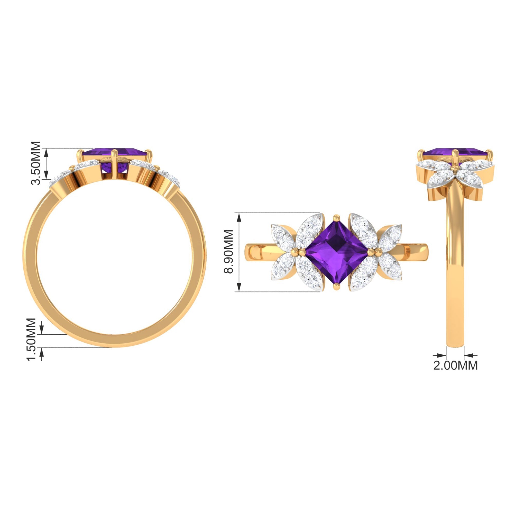 Princess Cut Amethyst Floral Engagement Ring with Diamond