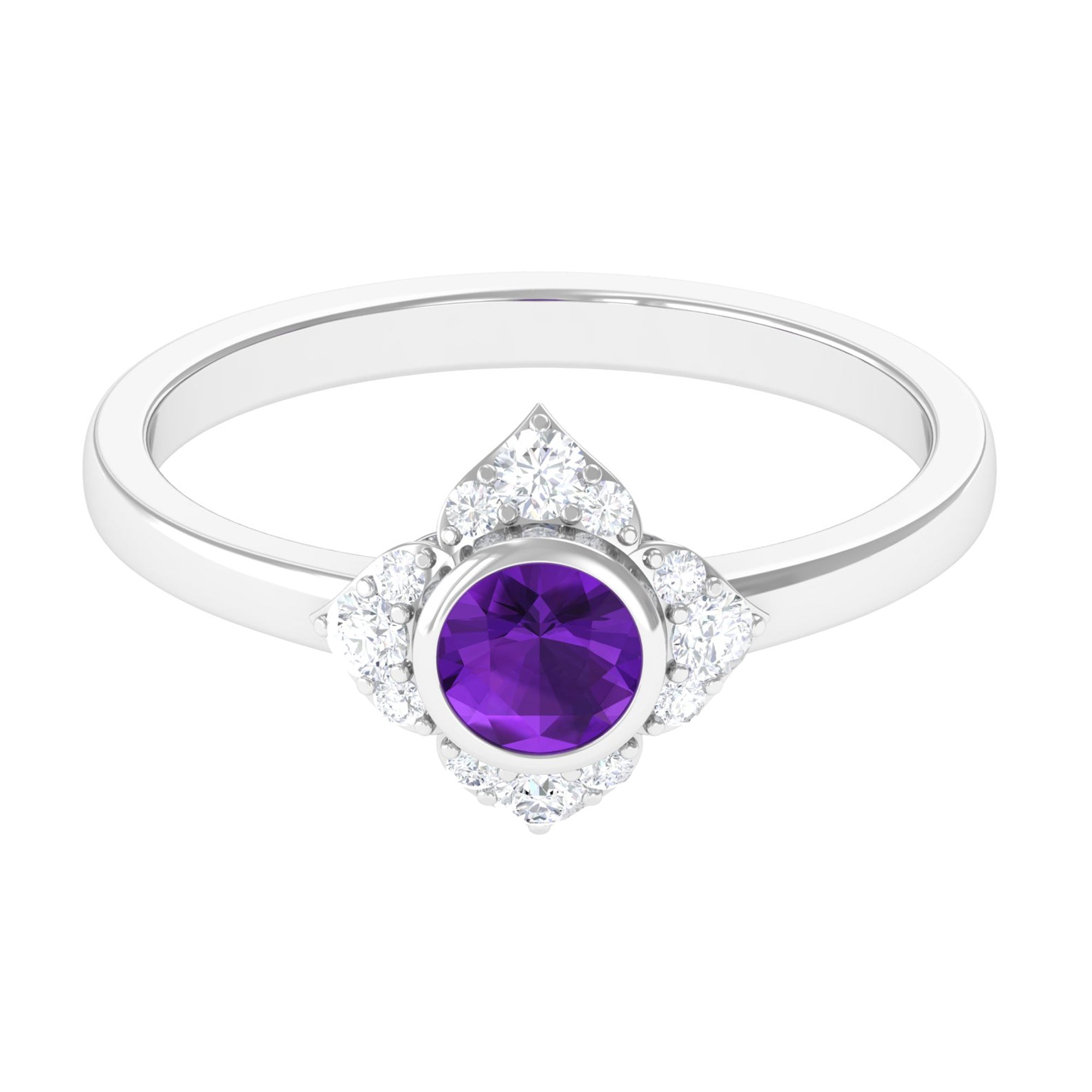 3/4 CT Bezel Set Amethyst Flower Engagement Ring with Diamond