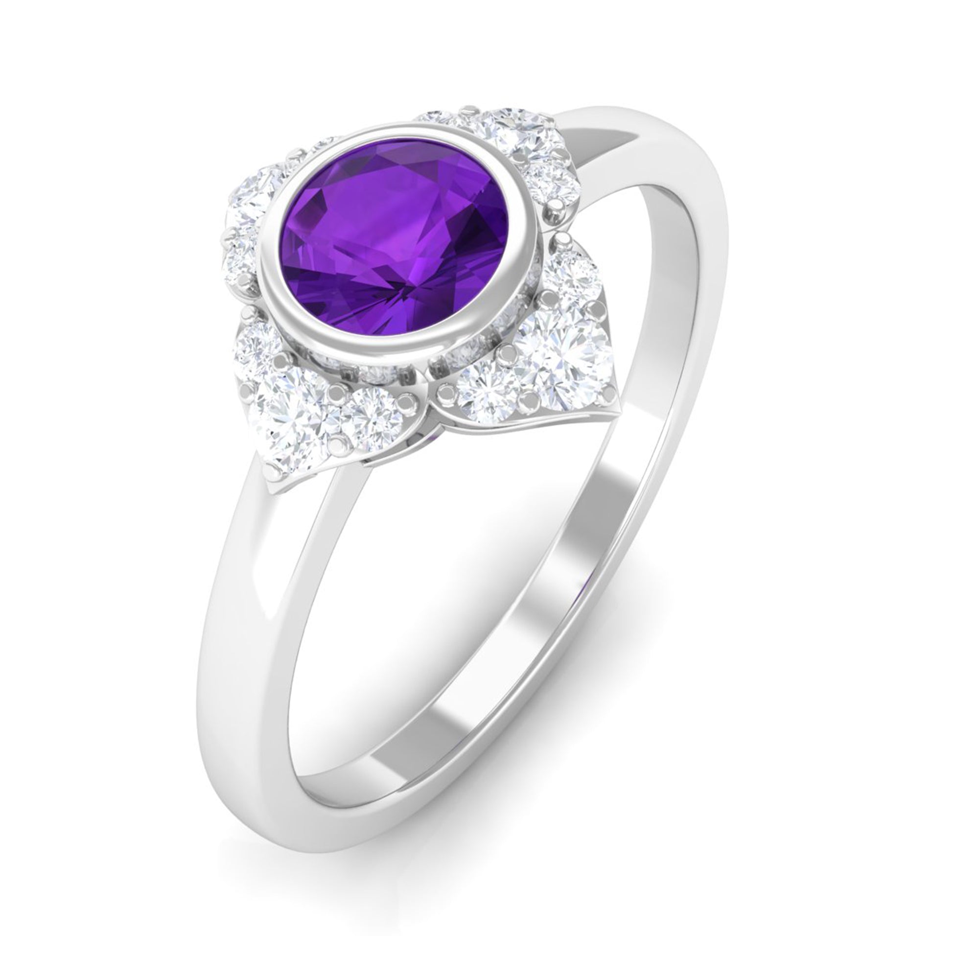 3/4 CT Bezel Set Amethyst Flower Engagement Ring with Diamond