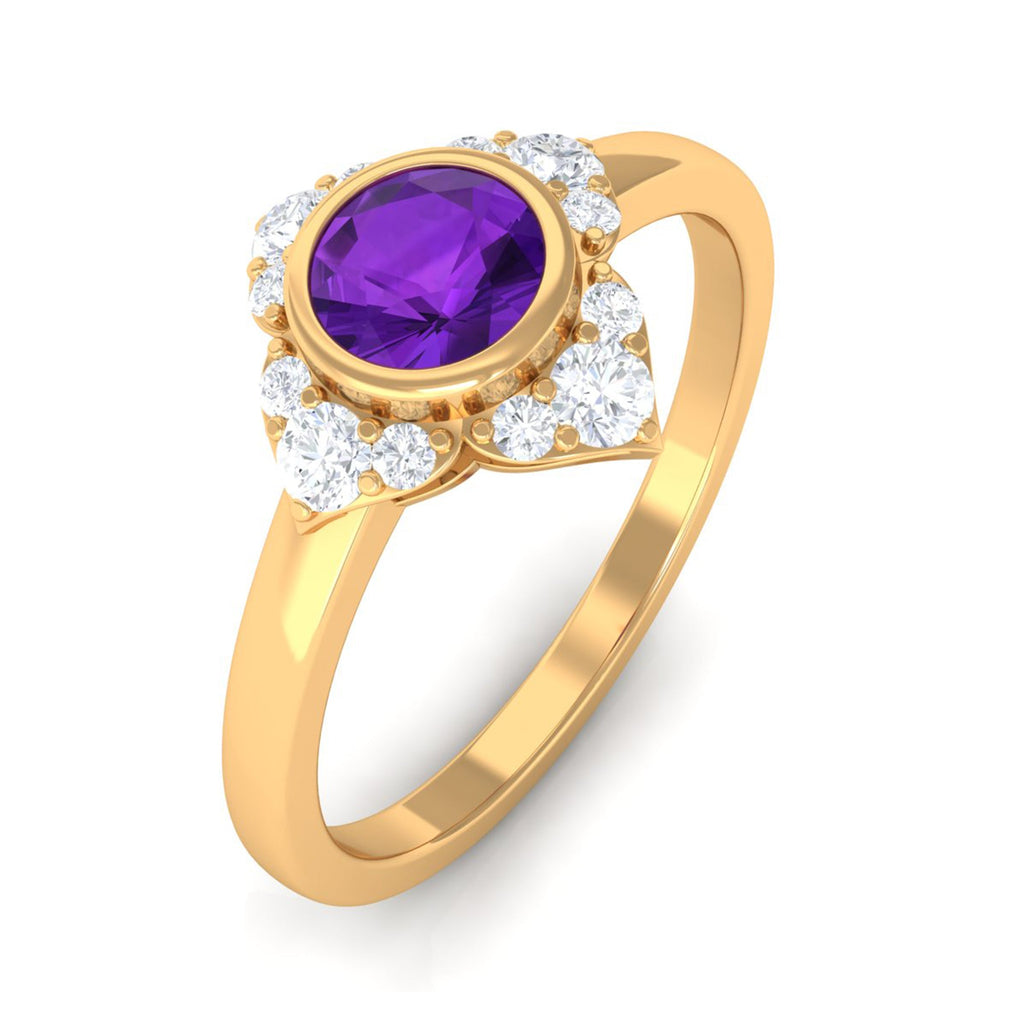 3/4 CT Bezel Set Amethyst Flower Engagement Ring with Diamond