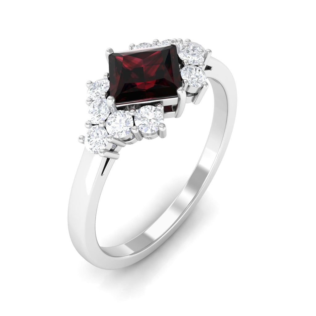 Real 6mm Garnet Princess Cut Engagement Ring with Diamond