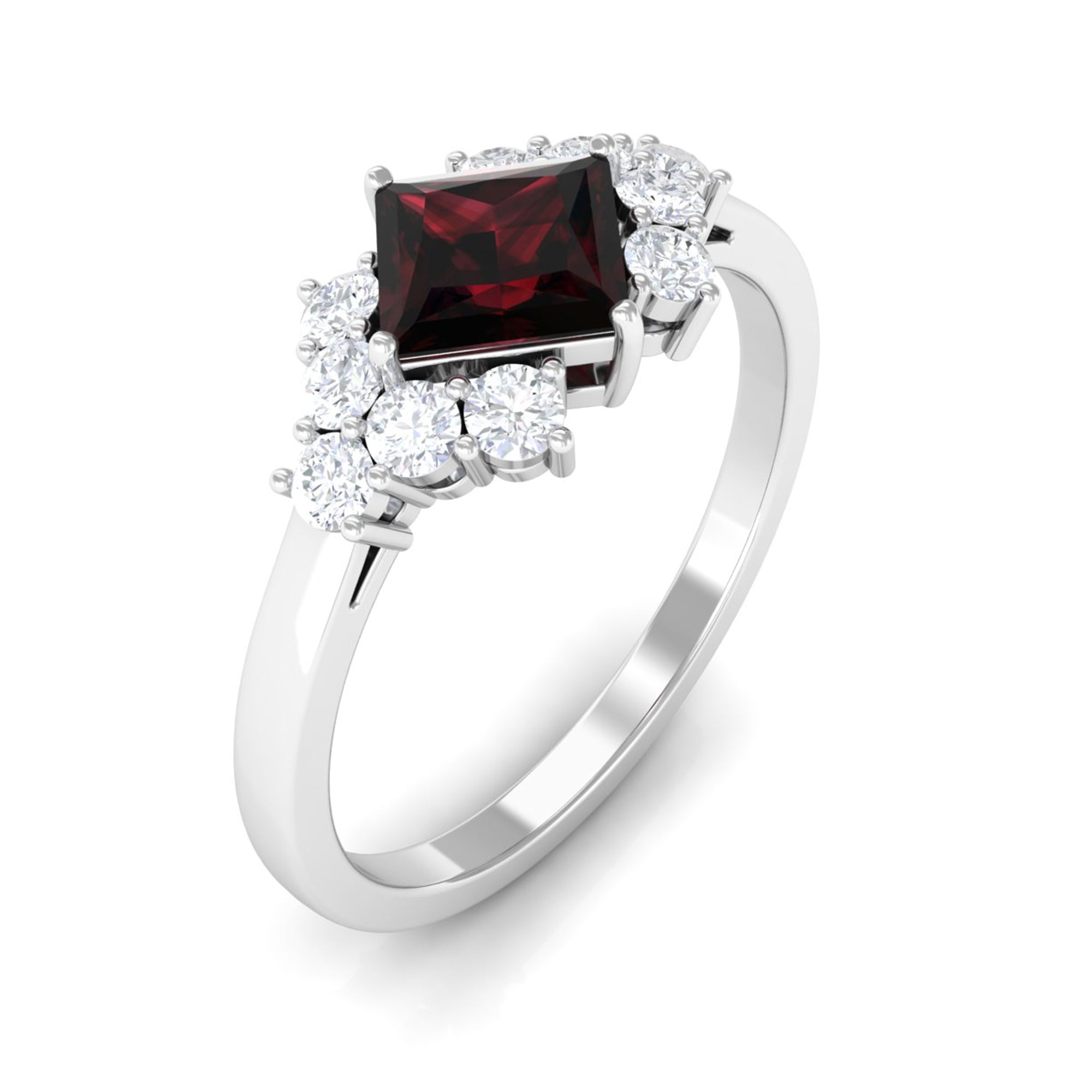 Real 6mm Garnet Princess Cut Engagement Ring with Diamond