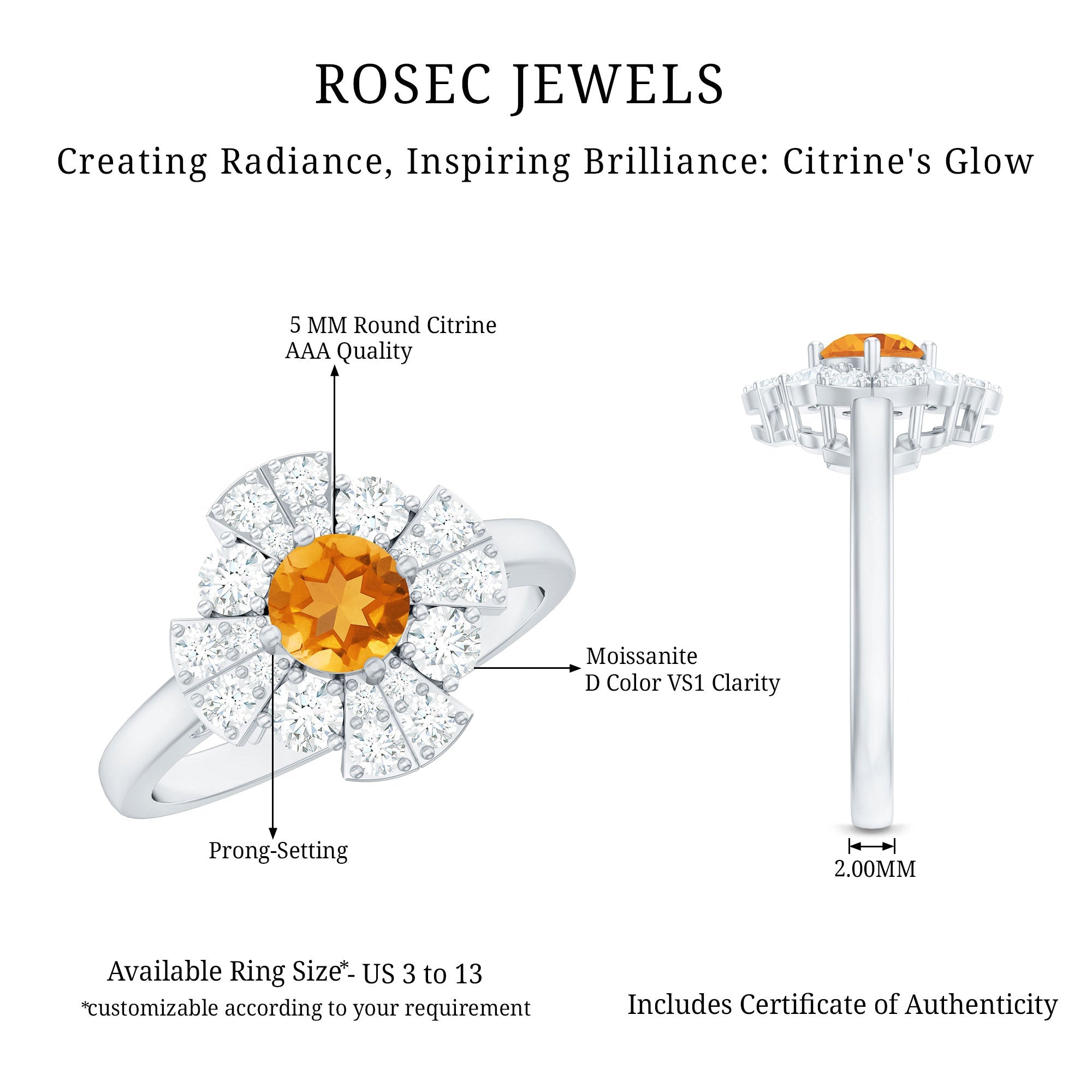 Vintage Looking Citrine Flower Engagement Ring with Certificate