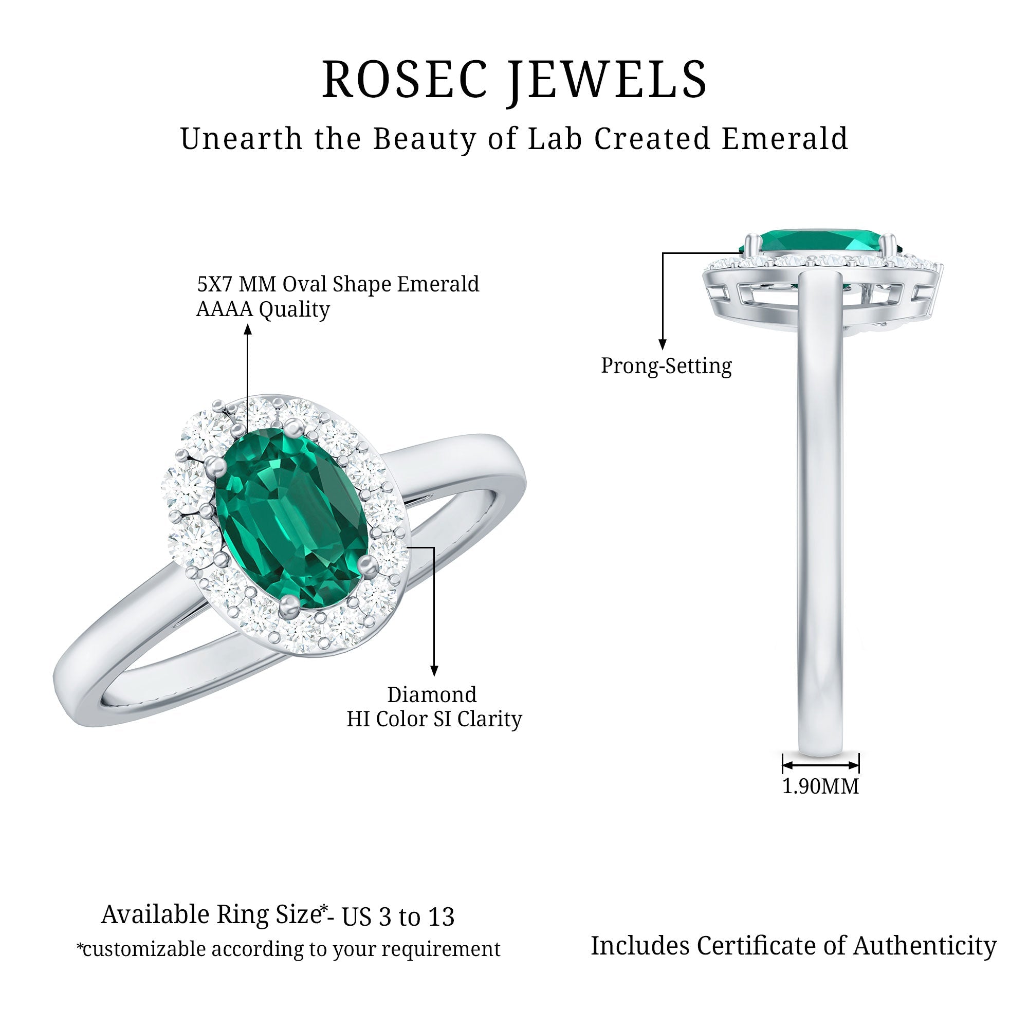 Classic 5X7 mm Oval Lab Grown Emerald Engagement Ring with Diamond Halo