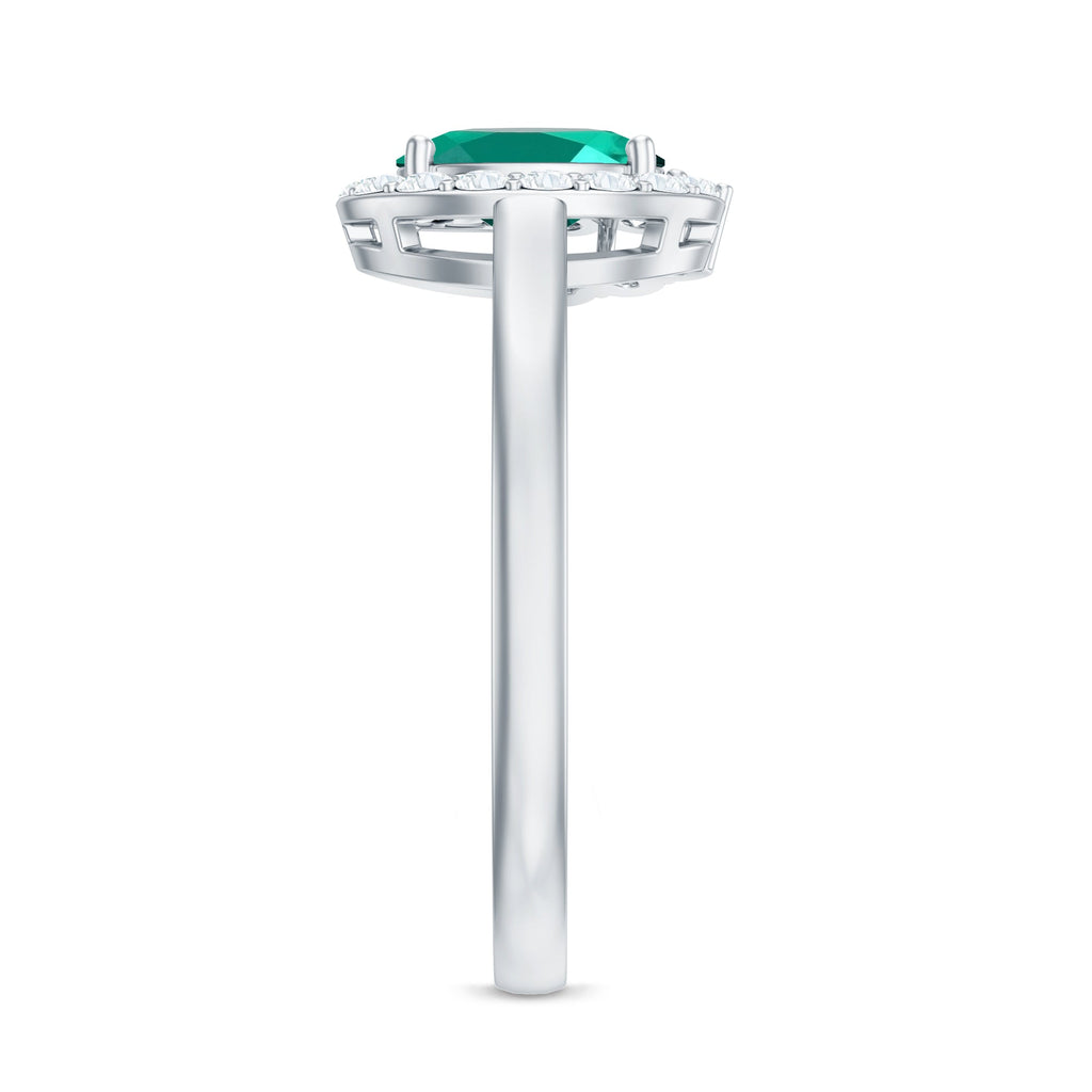 Classic 5X7 mm Oval Lab Grown Emerald Engagement Ring with Diamond Halo