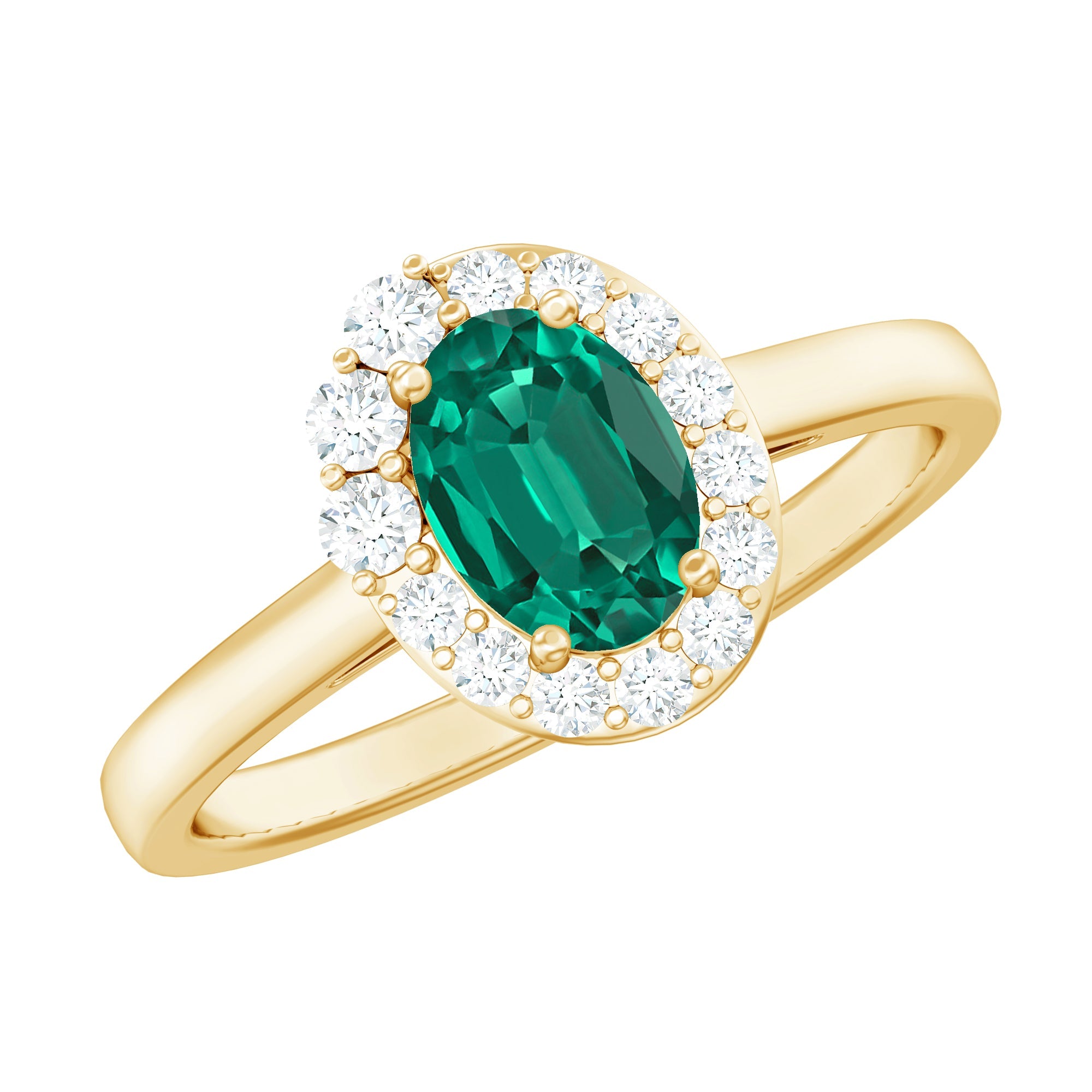 Classic 5X7 mm Oval Lab Grown Emerald Engagement Ring with Diamond Halo