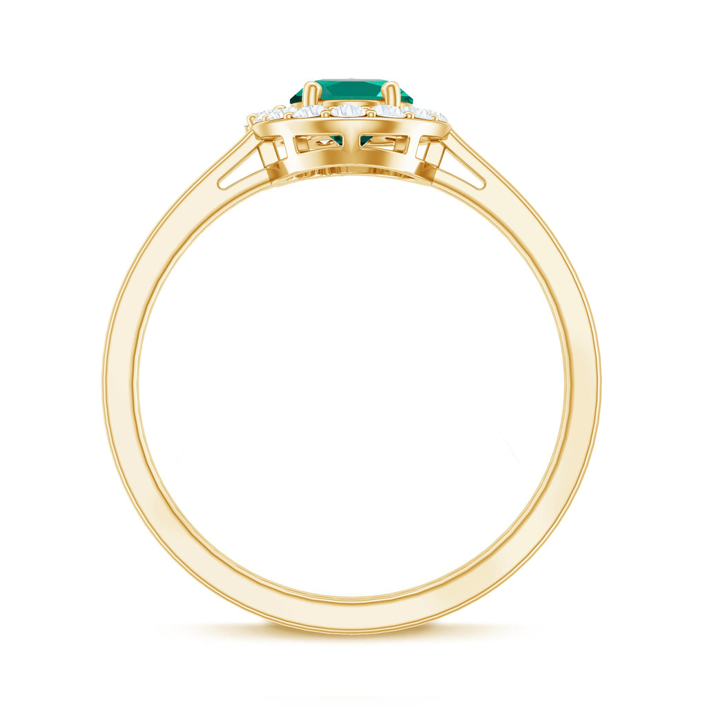 Classic 5X7 mm Oval Lab Grown Emerald Engagement Ring with Diamond Halo