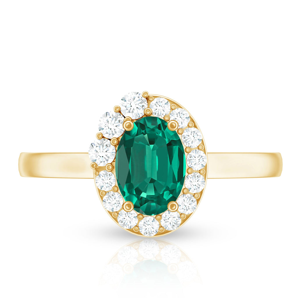 Classic 5X7 mm Oval Lab Grown Emerald Engagement Ring with Diamond Halo