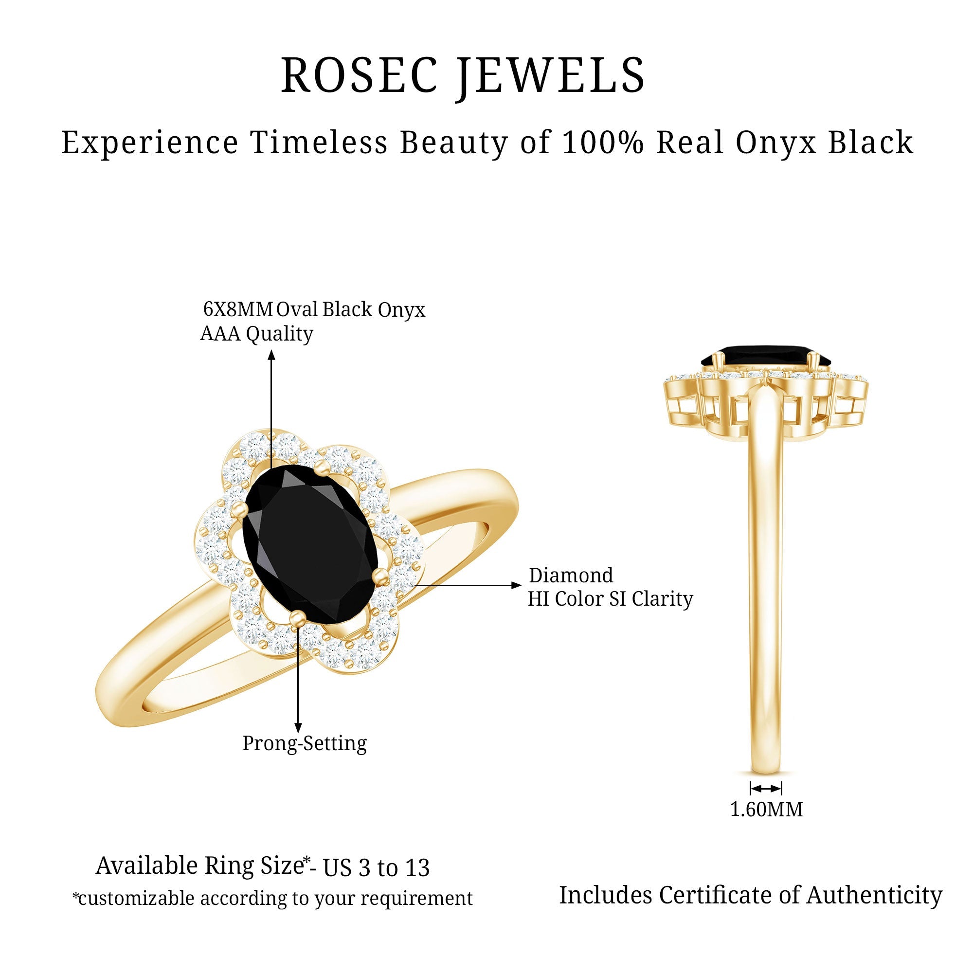 Certified Oval Cut 6X8MM Black Onyx Flower Engagement Ring with Diamond Halo