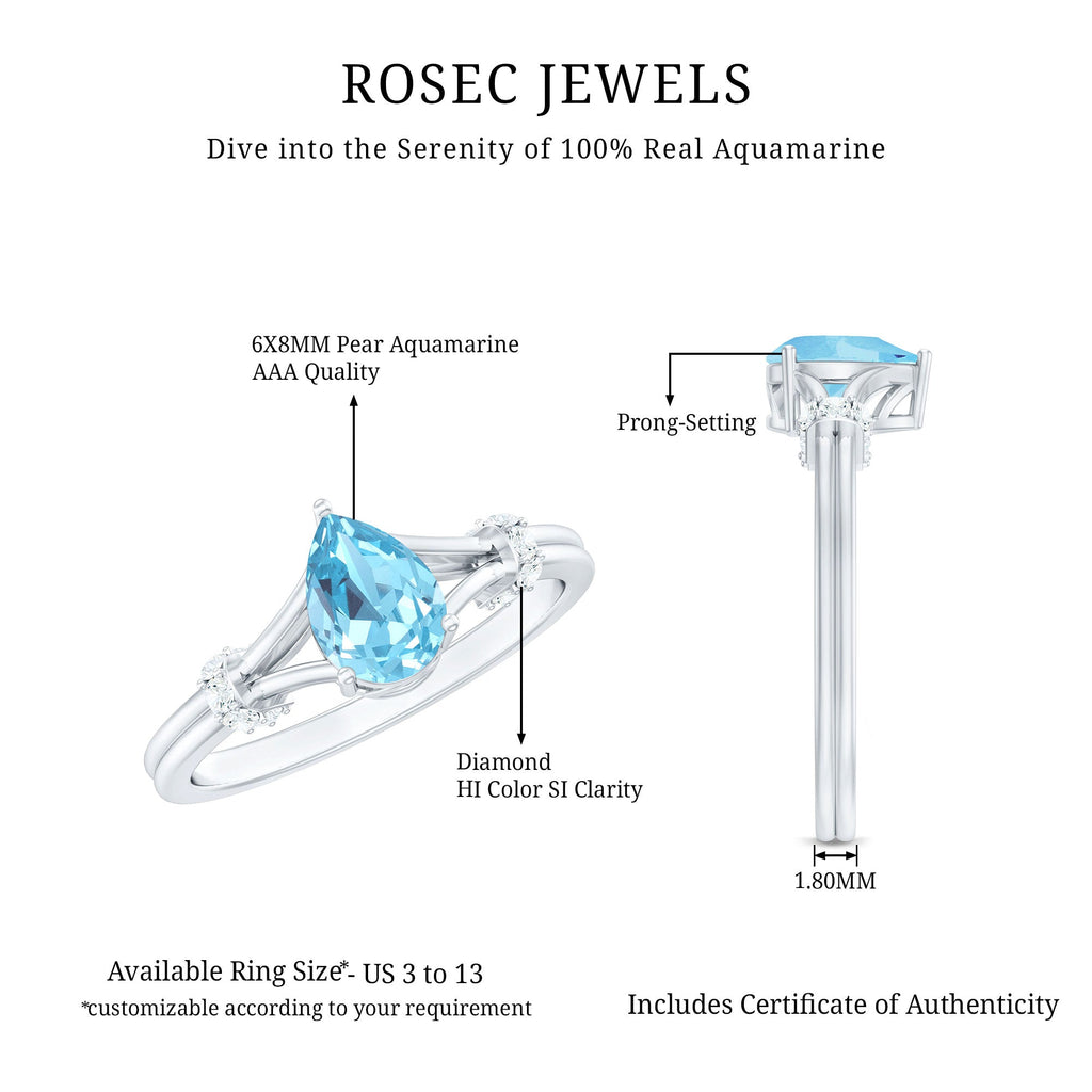 1 Carat Pear Shape Aquamarine and Diamond Solitaire Ring in Split Shank