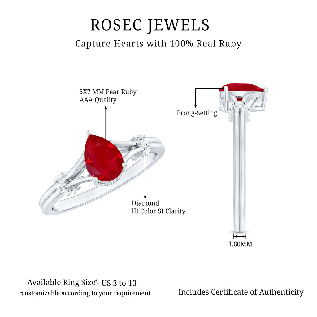 Real 0.8 Carat Ruby Pear Shaped Engagement Ring with Diamond