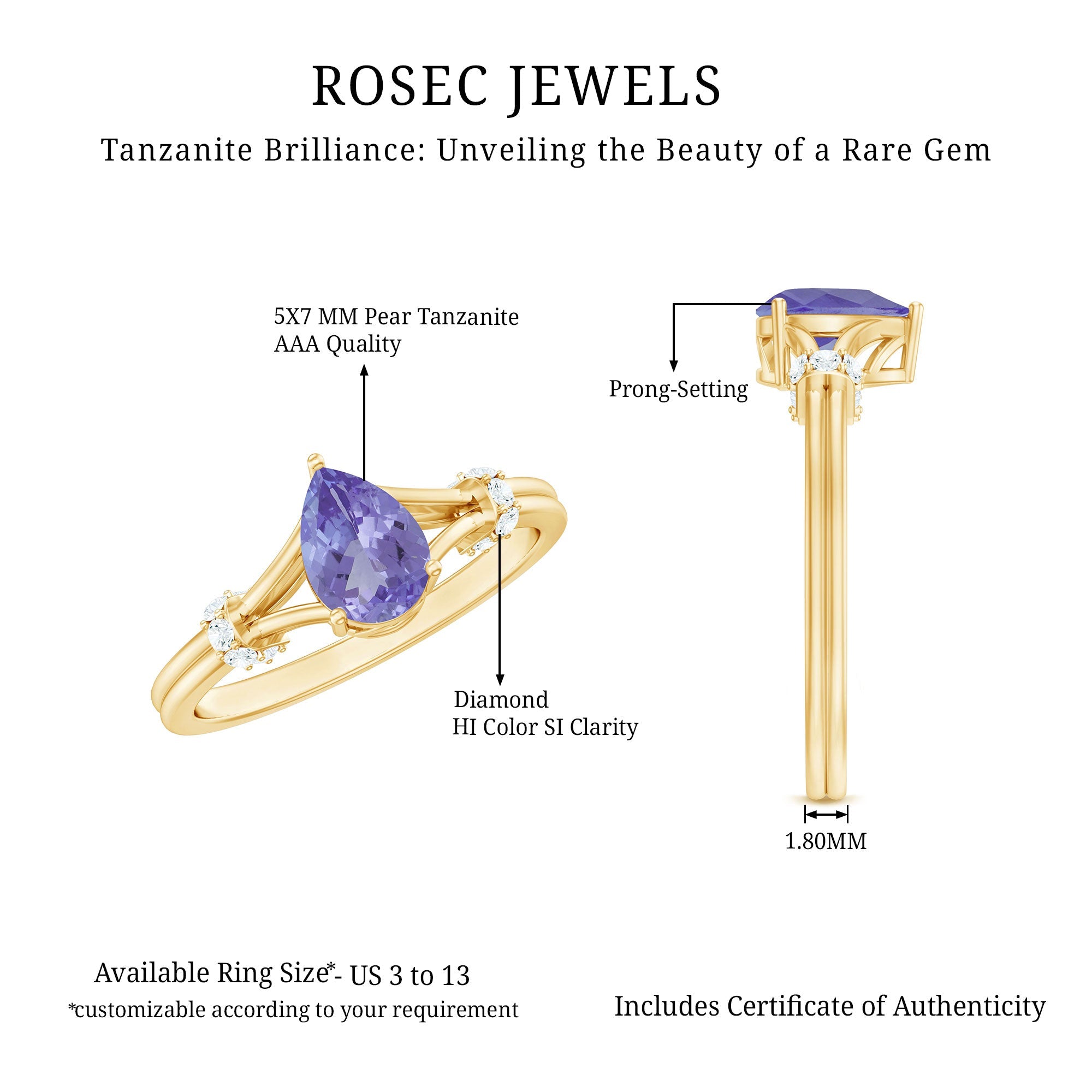 Natural Pear Shape Tanzanite Diamond Engagement Ring with Split Shank