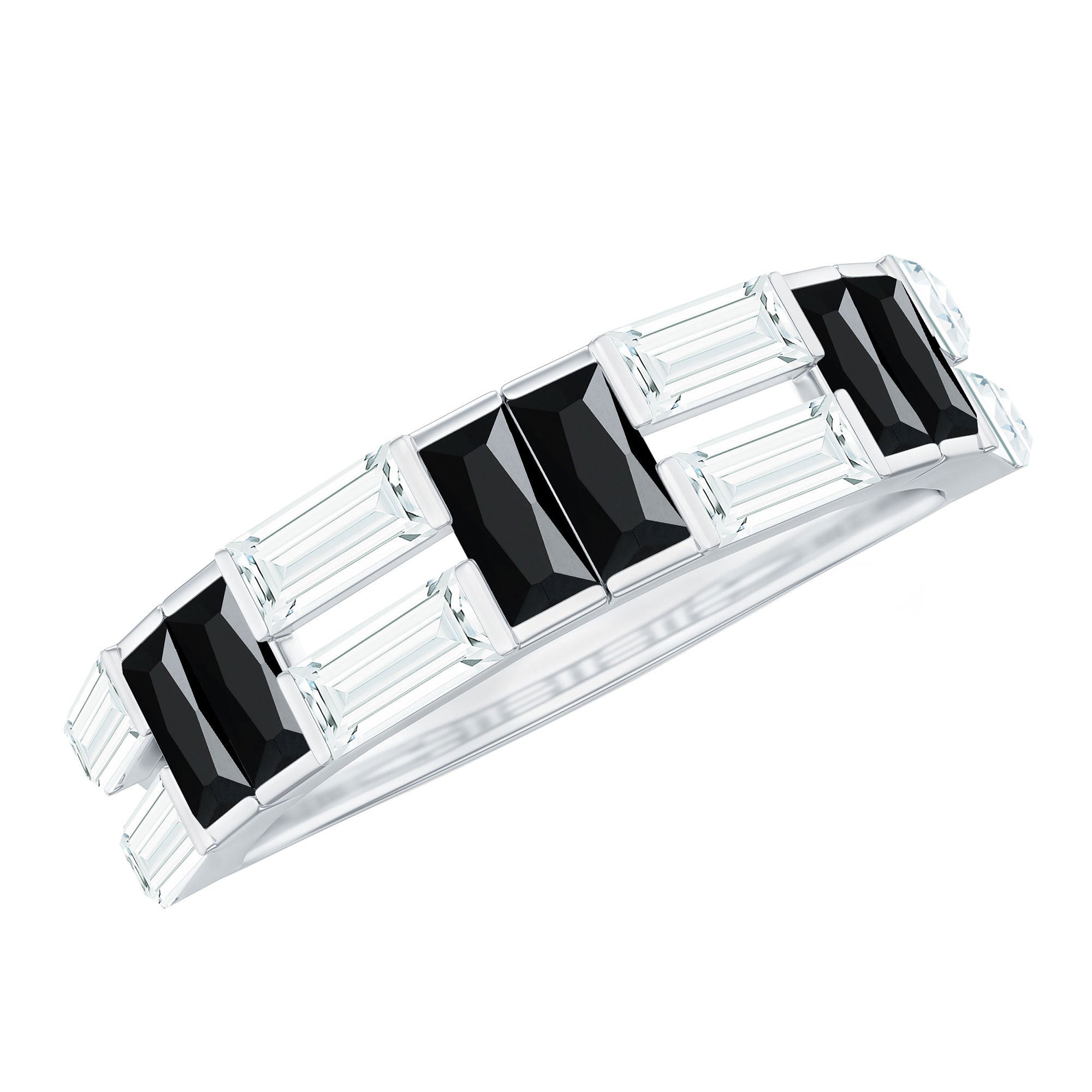 Natural Baguette Black Spinel Half Eternity Ring with Moissanite