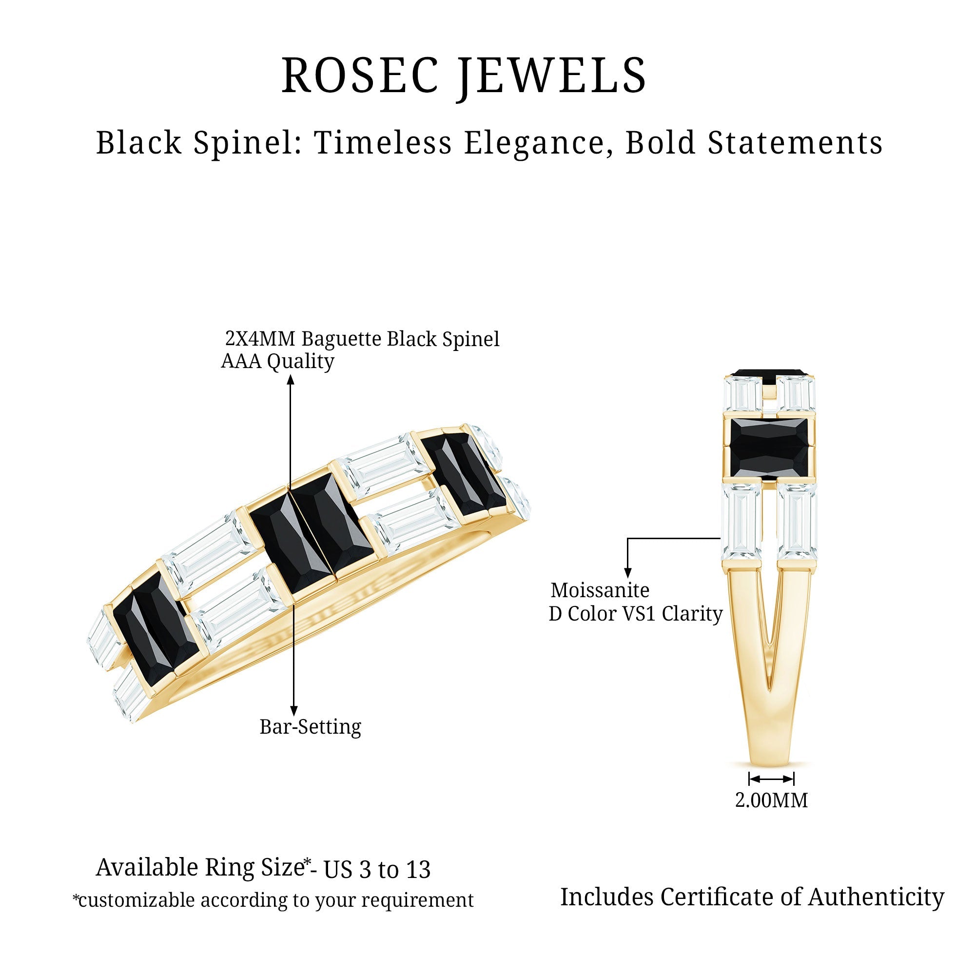 Natural Baguette Black Spinel Half Eternity Ring with Moissanite