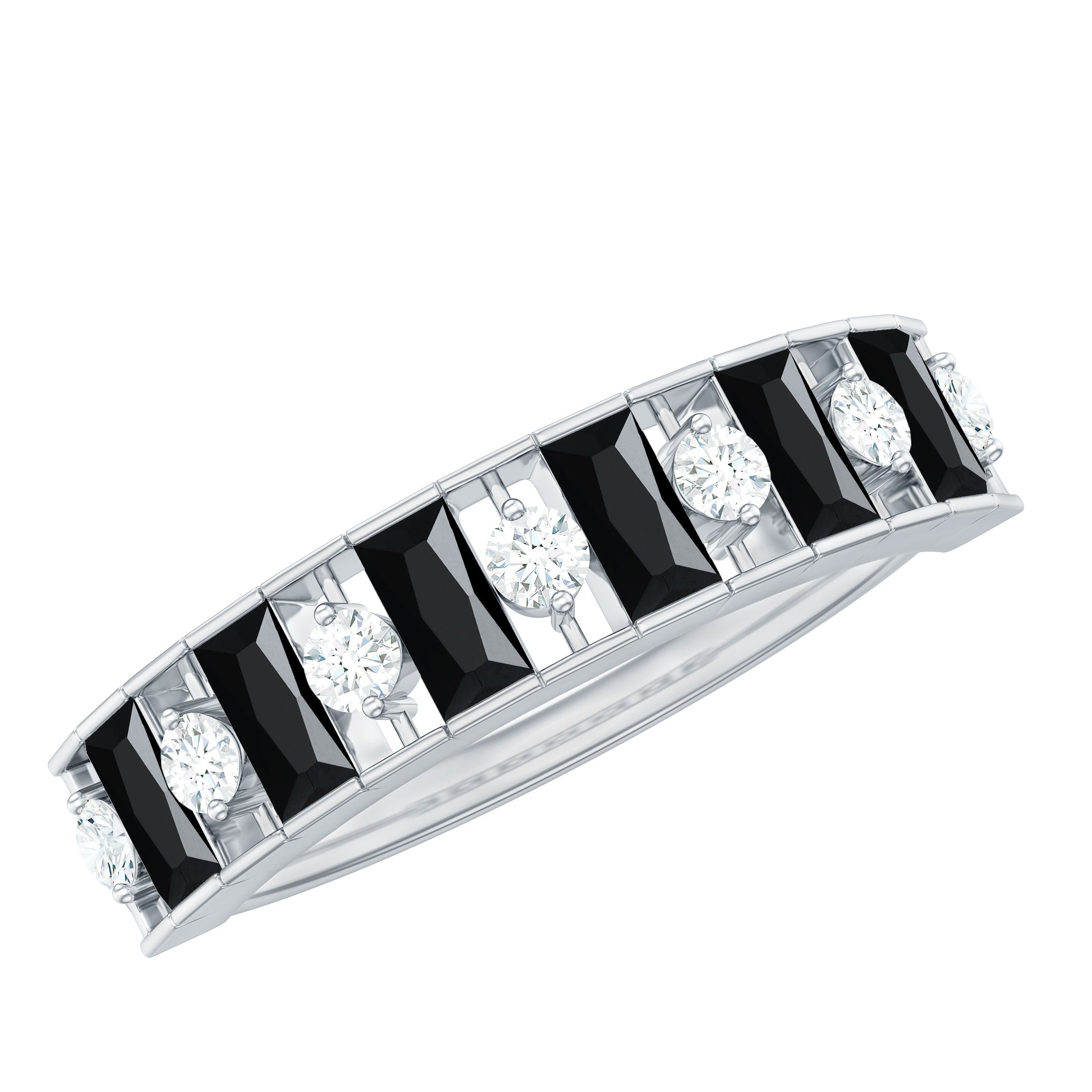 Natural Baguette Black Spinel Half Eternity Ring with Diamond