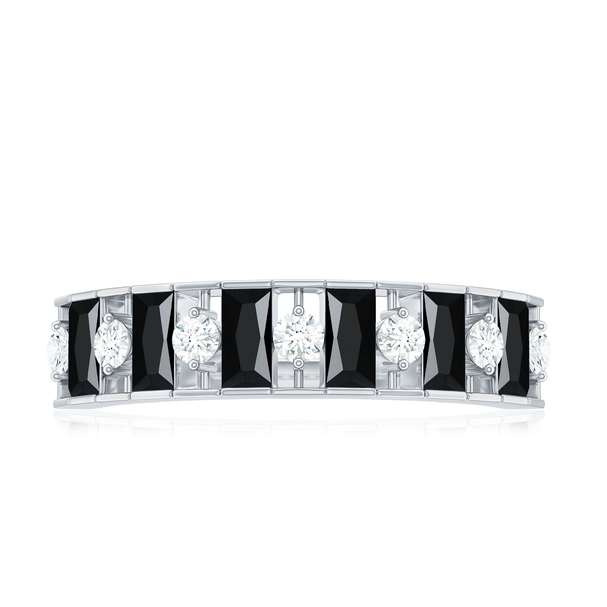 Natural Baguette Black Spinel Half Eternity Ring with Diamond