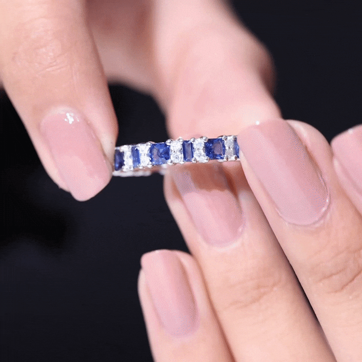 Certified Lab Grown Blue Sapphire Half Eternity Wedding Band with Diamond