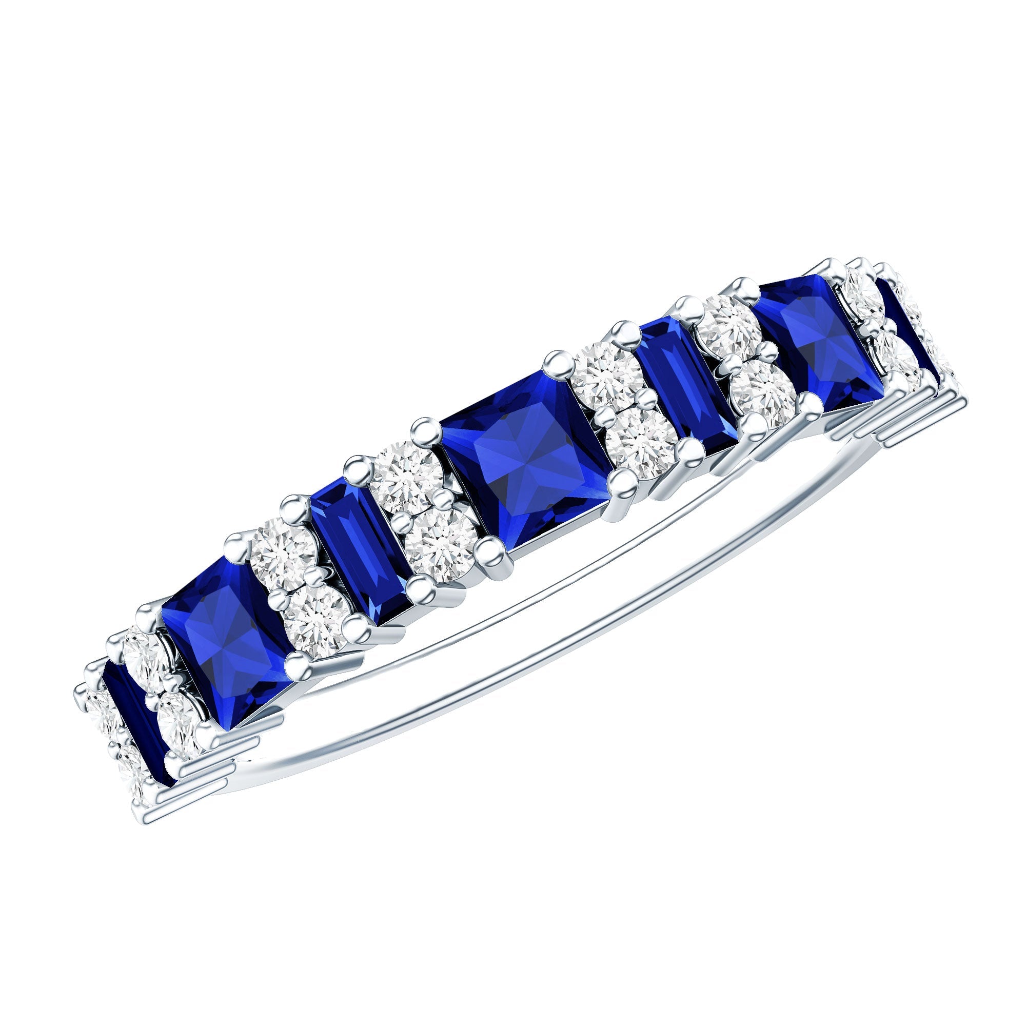 Certified Lab Grown Blue Sapphire Half Eternity Wedding Band with Diamond