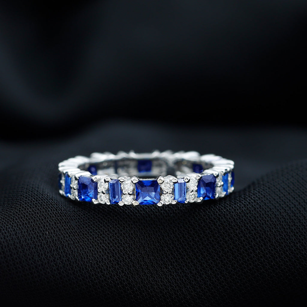 Certified Lab Grown Blue Sapphire Half Eternity Wedding Band with Diamond
