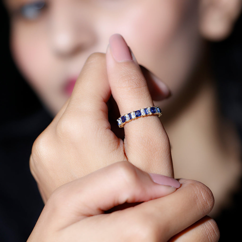 Certified Lab Grown Blue Sapphire Half Eternity Wedding Band with Diamond