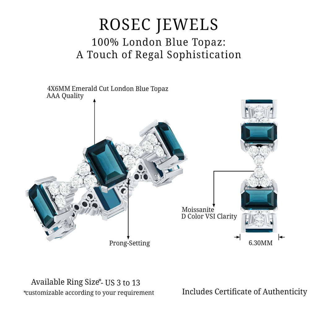 Emerald Cut London Blue Topaz Designer Eternity Ring with Moissanite