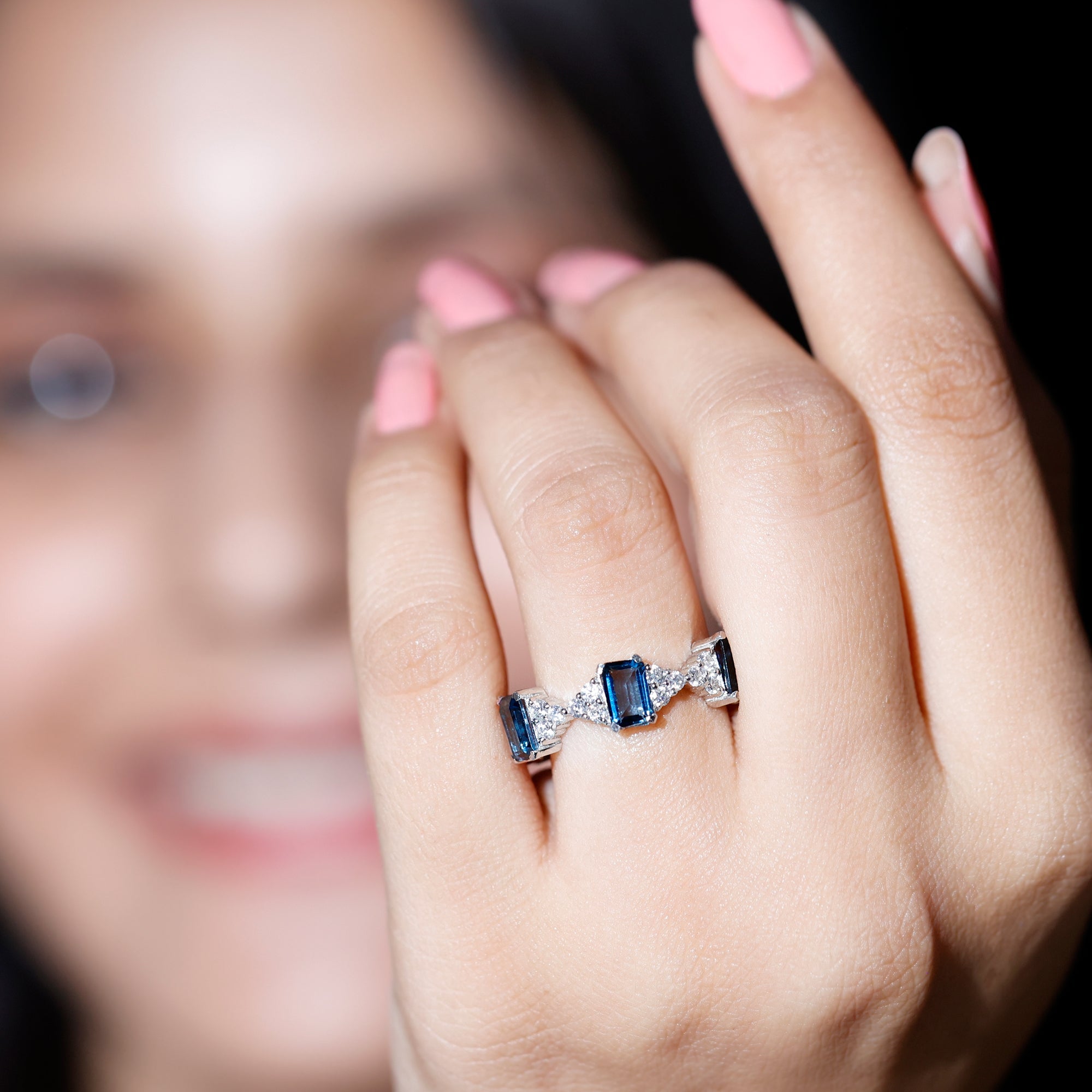 Emerald Cut London Blue Topaz Designer Eternity Ring with Moissanite