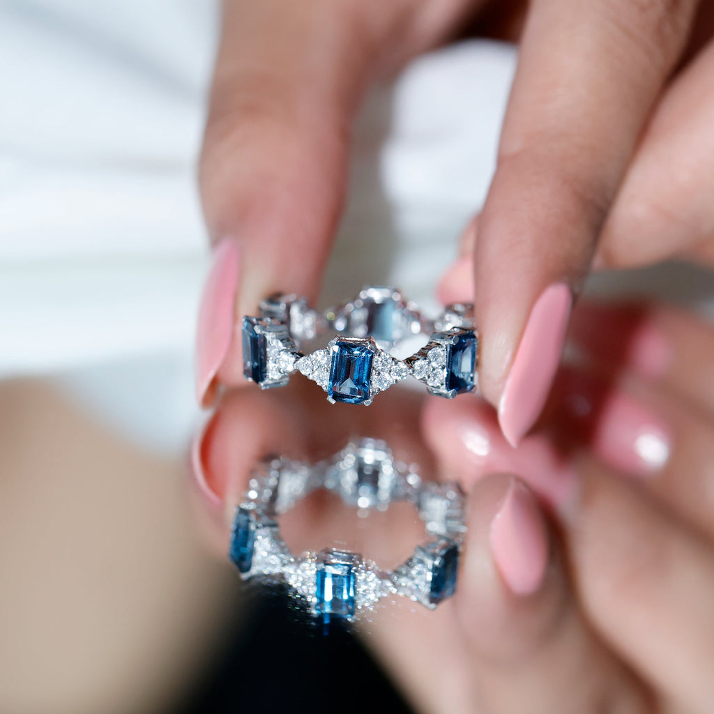 Emerald Cut London Blue Topaz Designer Eternity Ring with Moissanite