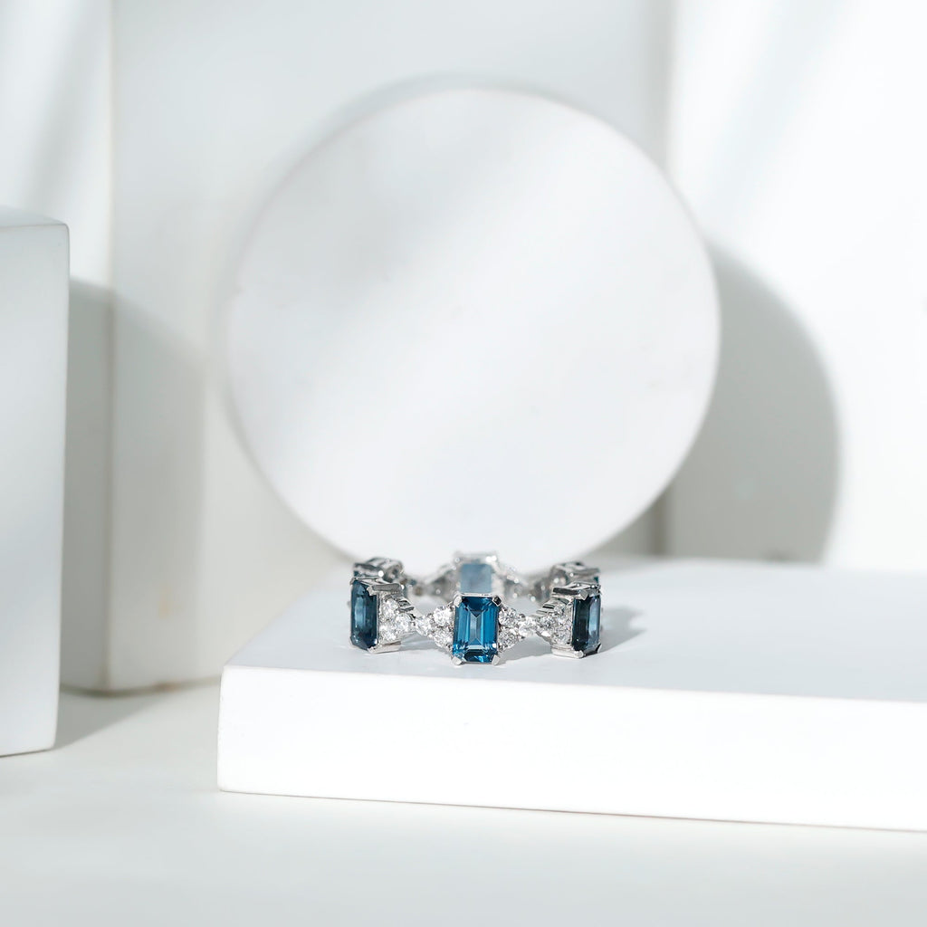 Emerald Cut London Blue Topaz Designer Eternity Ring with Moissanite