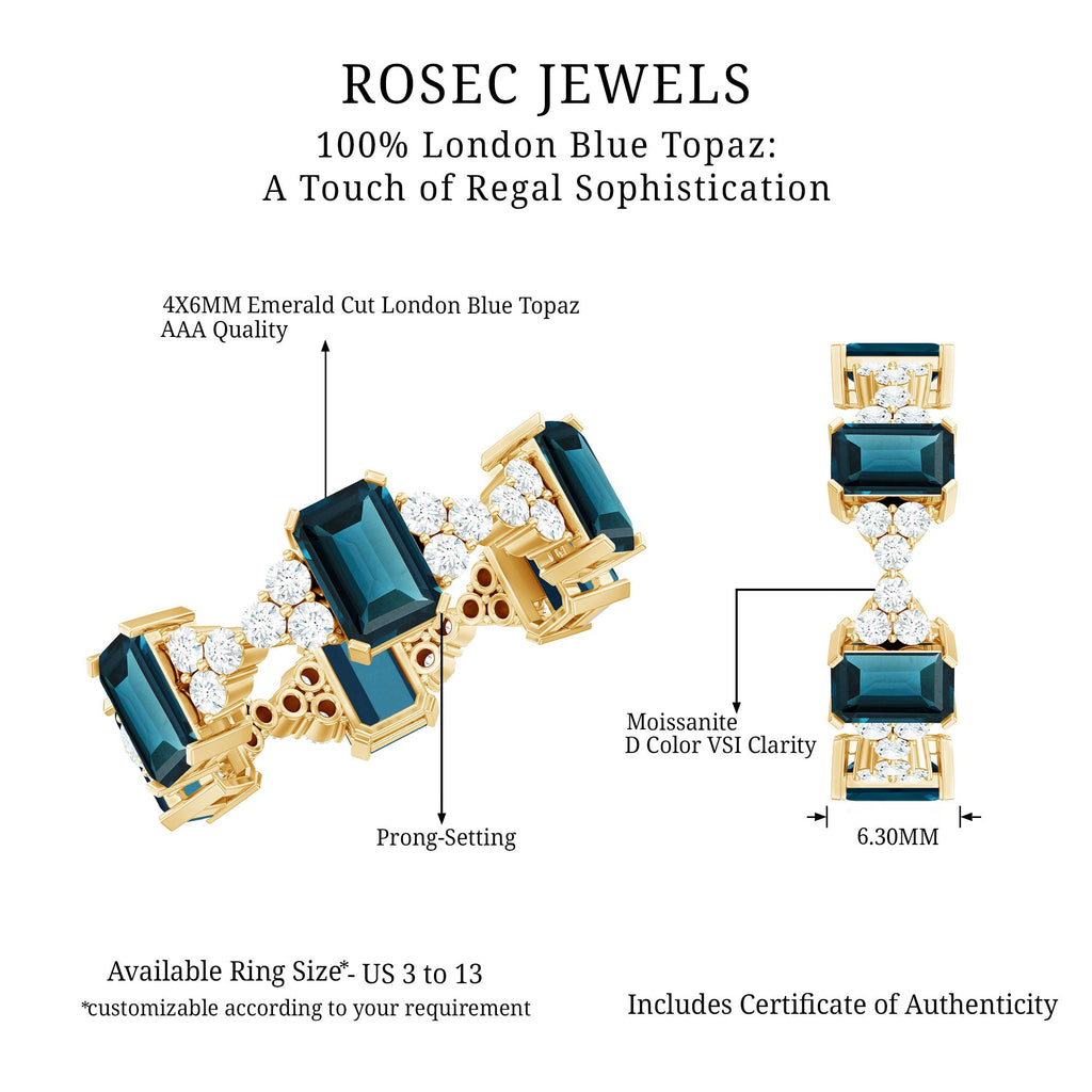Emerald Cut London Blue Topaz Designer Eternity Ring with Moissanite