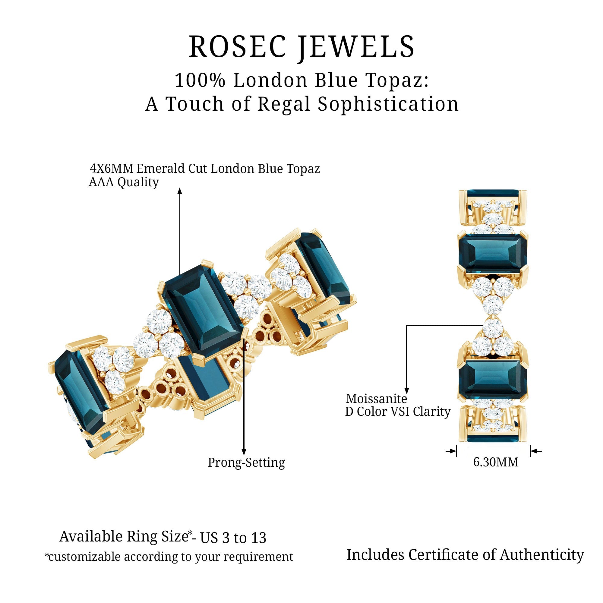 Emerald Cut London Blue Topaz Designer Eternity Ring with Moissanite