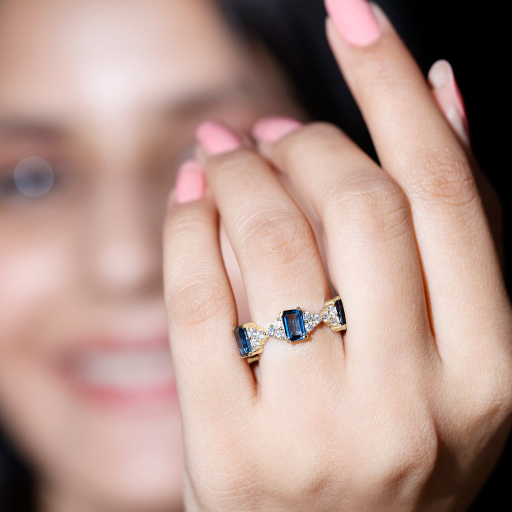 Emerald Cut London Blue Topaz Designer Eternity Ring with Moissanite