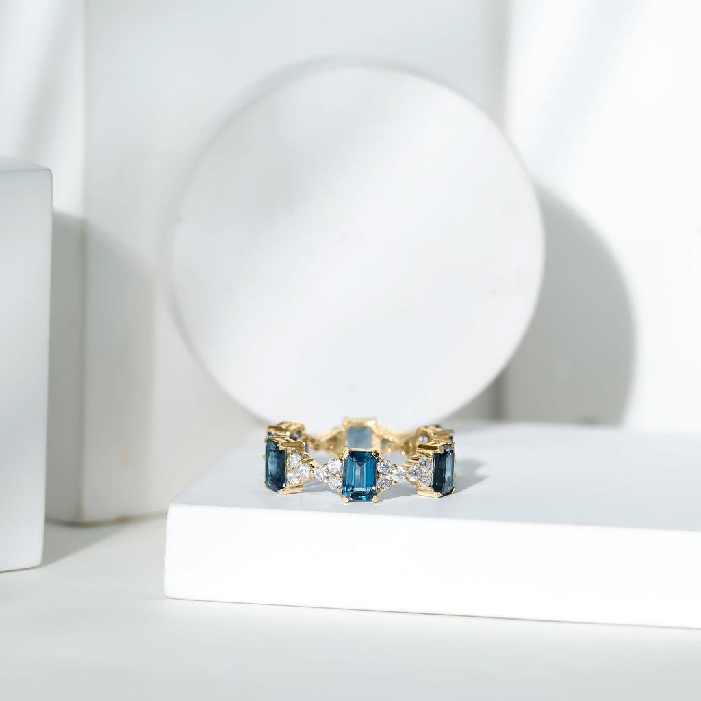 Emerald Cut London Blue Topaz Designer Eternity Ring with Moissanite