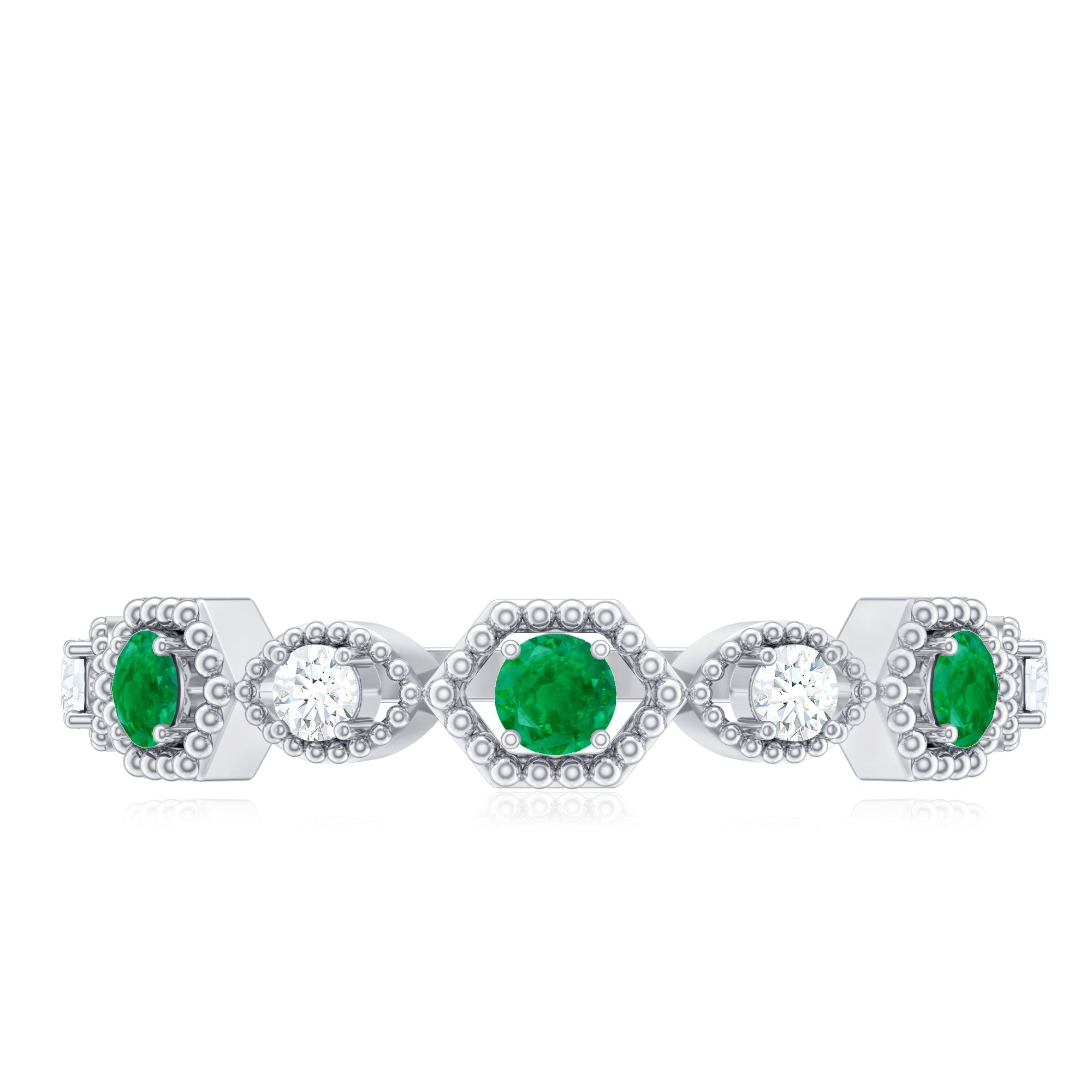 Certified Natural Emerald Art Deco Half Eternity Ring with Diamond