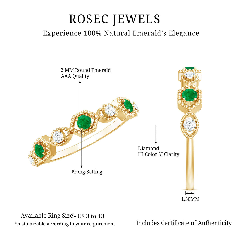 Certified Natural Emerald Art Deco Half Eternity Ring with Diamond