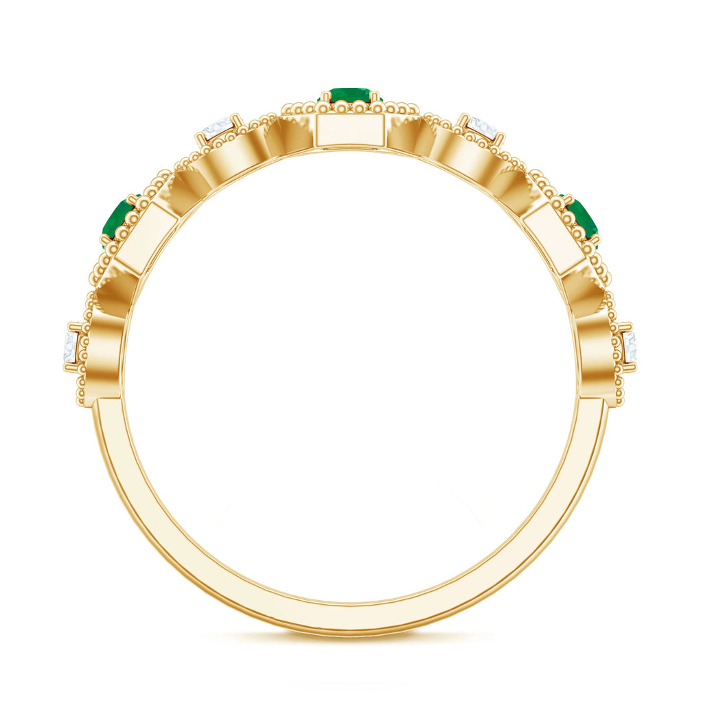 Certified Natural Emerald Art Deco Half Eternity Ring with Diamond